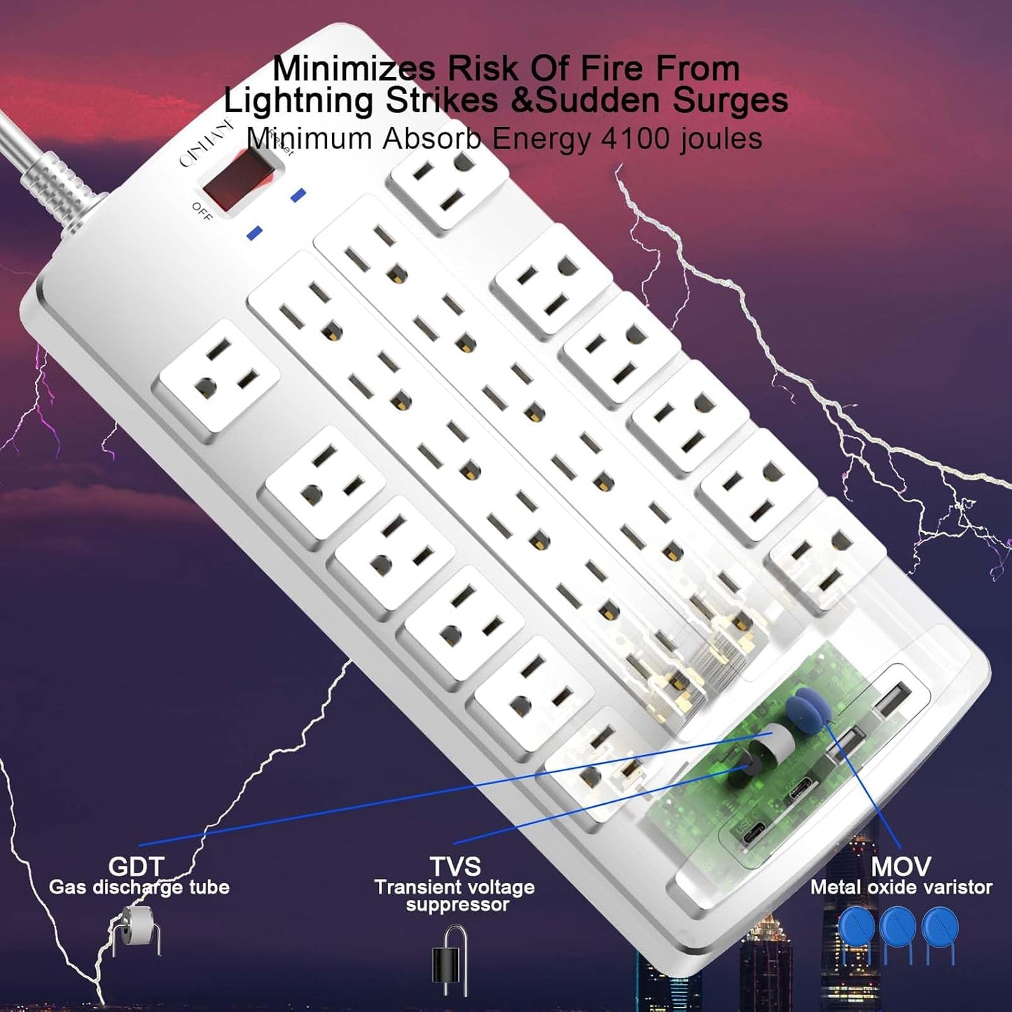 QINLIANF Surge Protector Power Strip - 20Ft Flat Plug Heavy Duty Extension Cord with 24 Outlets and 4 USB Ports(2 USB-C Ports), 1875W/15A, 4100J, for Home, Office, Dorm, ETL Listed, White