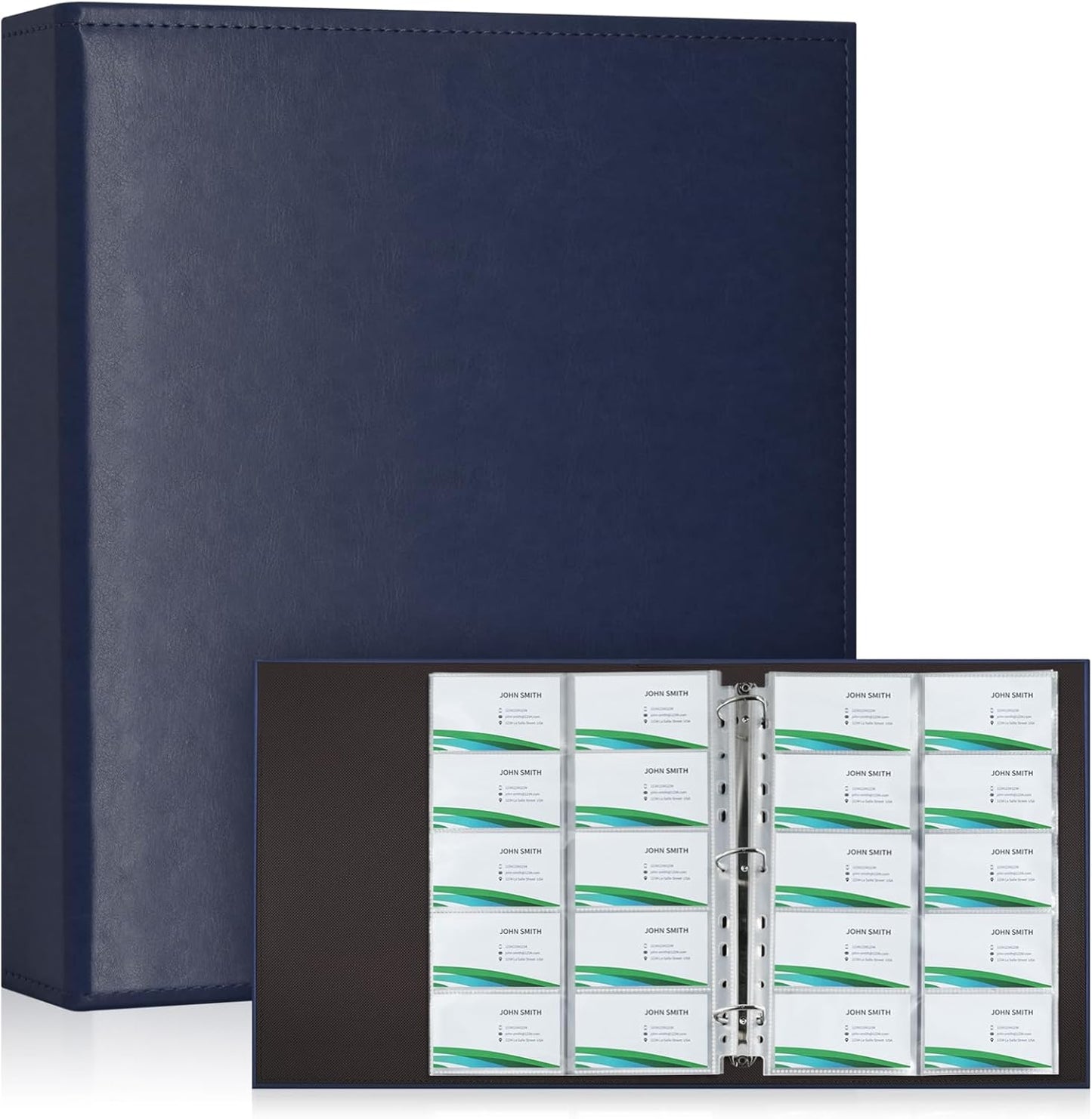 BYSTER A4 Business Card Book, PU Leather Organizer with 30 Pack Sleeves (600 Pockets), Business Card Binder for Credit Cards, Membership Cards, and More - Blue