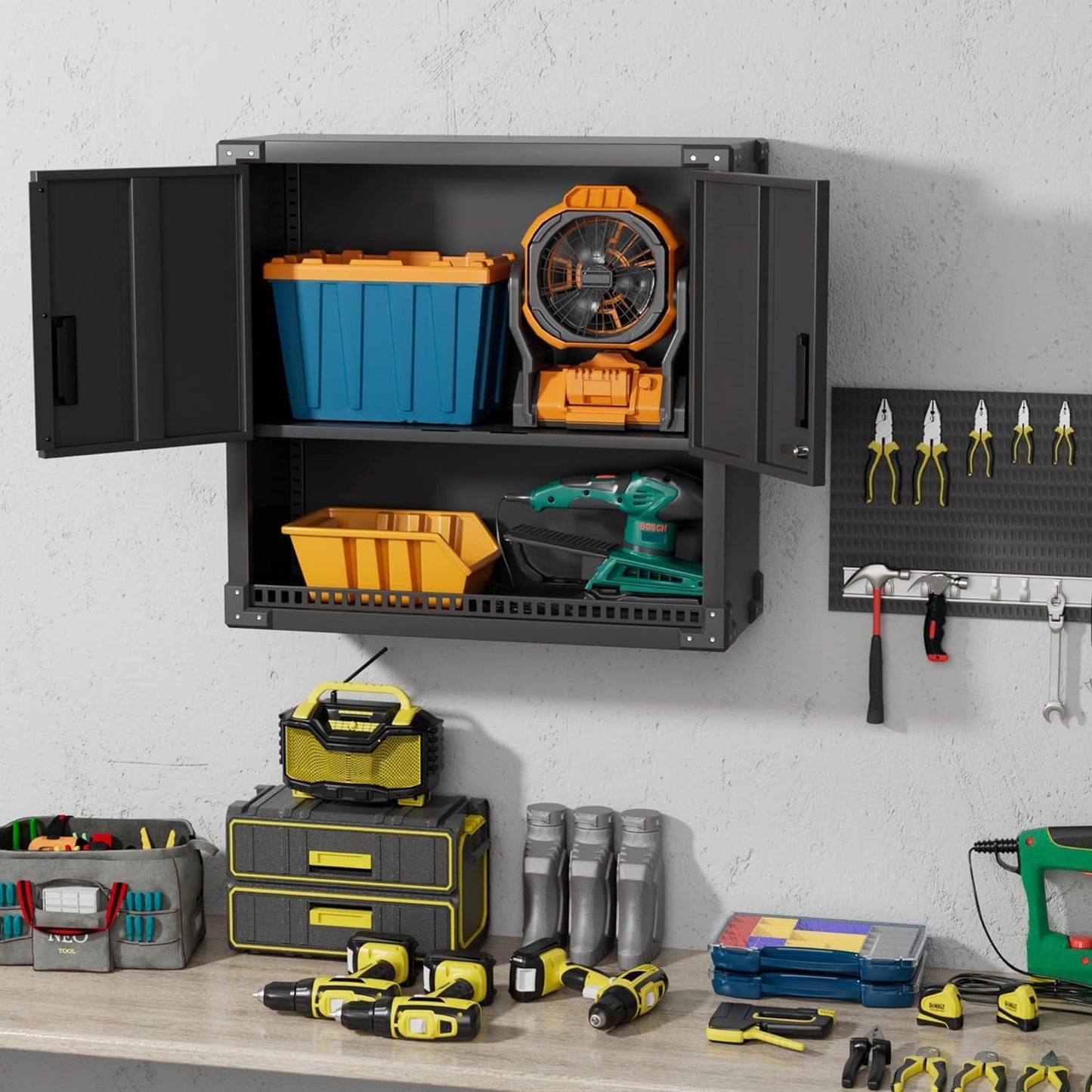 INTERGREAT Metal Wall Storage Cabinet with Locking Door and Adjustable Shelves, 31" Black Wall-Mounted Tool Cabinet for Garage,Warehouse,Office,Basement