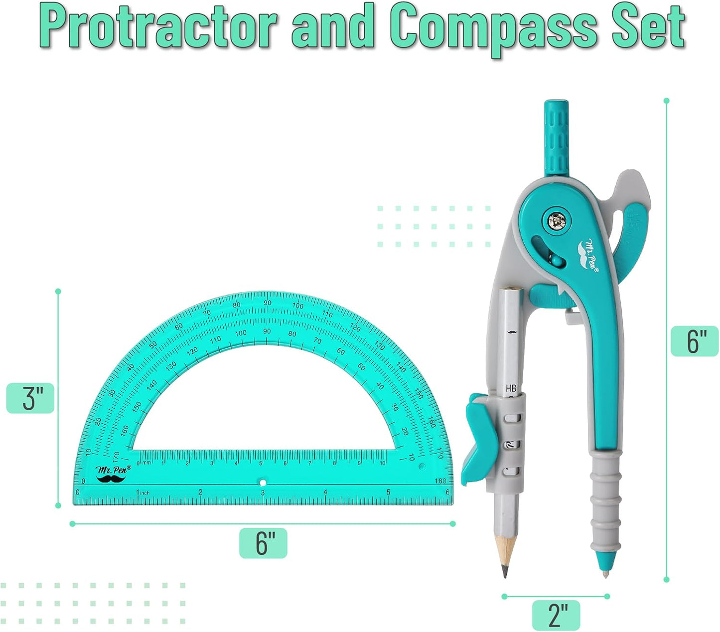 Mr. Pen- Compass and Protractor Set, Green, Compass Geometry Tool, Protractor and Compass Set, Compass Drawing Tool, Drawing Compass, Protractor Set, Geometry Compass, Back to School Supplies