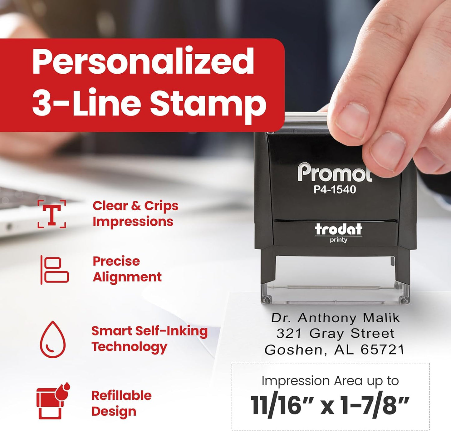 Promot Self Inking Stamp - Small Custom Stamp for Name, Address, Office, or Business Use - Up to 3-Line Personalized Rubber Stamp - Customizable Font & Ink Color - Personalized Name Stamp