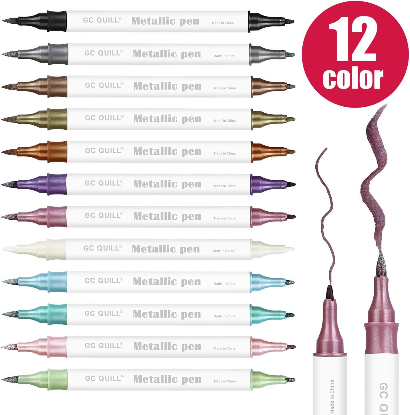 GC QUILL 12 Colors Metallic Marker Pens - Dual Tip Brush and Fine Point Pens for DIY Album, Black Cards, Scrapbooking, Craft Supplies, on Ceramic, Stone, Glass, Fabric GC-MP12