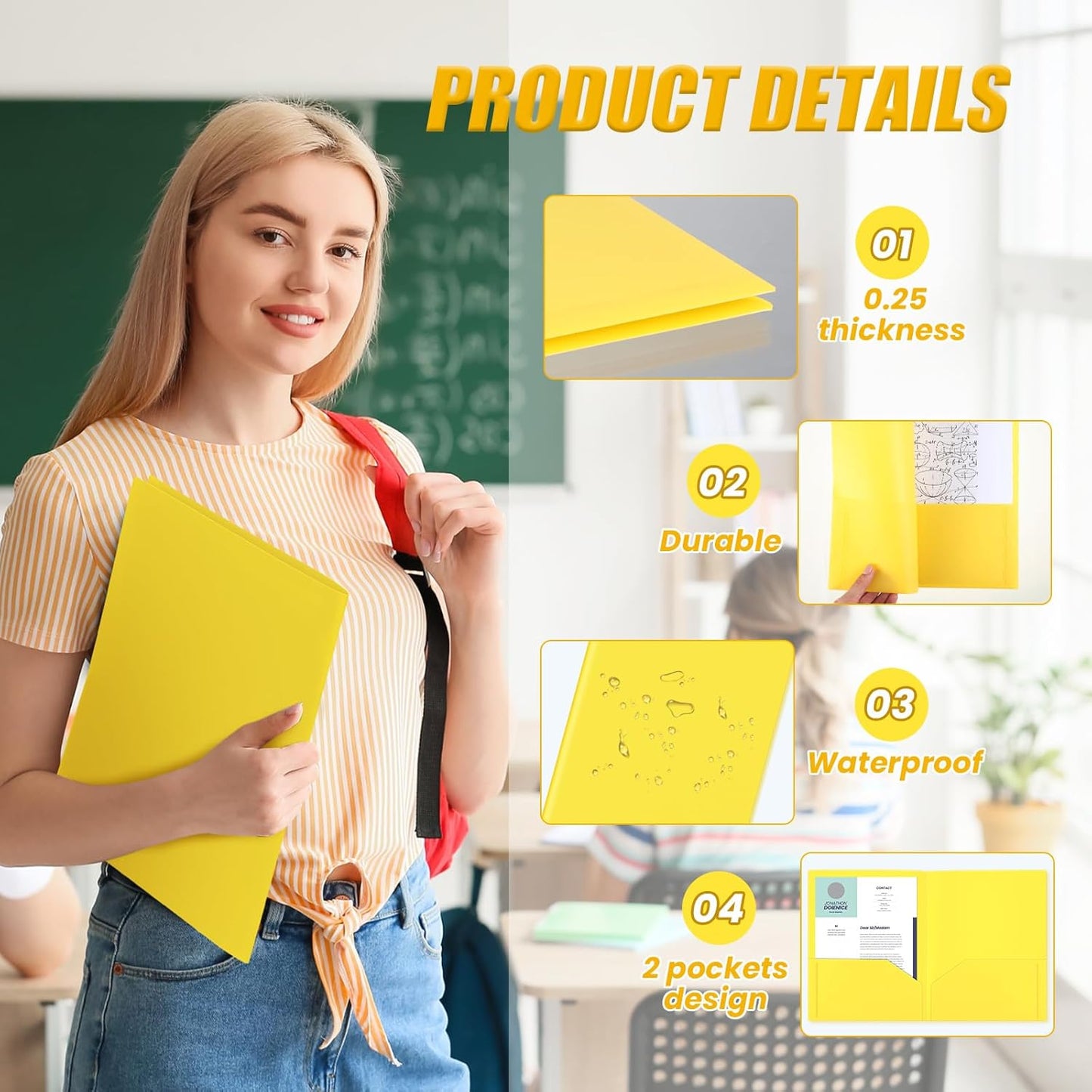 Gueevin 300 Pcs Plastic Folders with Pockets, Two Pocket Folder Fit 8.5 x 11 Inch Letter Size Paper, Heavy Duty School Folders Business Card Holder for Home Office School Bussiness (Yellow)