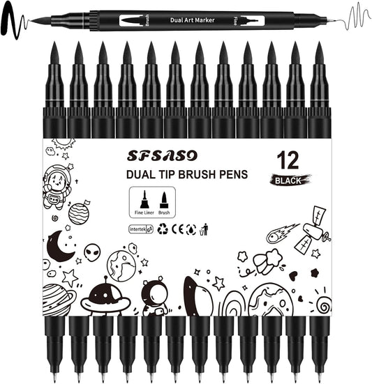 Black Drawing Pens, 12 Pack Dual Tip Brush Pens - Fine Liner & Brush Markers for Sketching, Calligraphy, Journaling - Water-Based, Quick-Drying Ink - Ideal for Artists, Adults & Kids