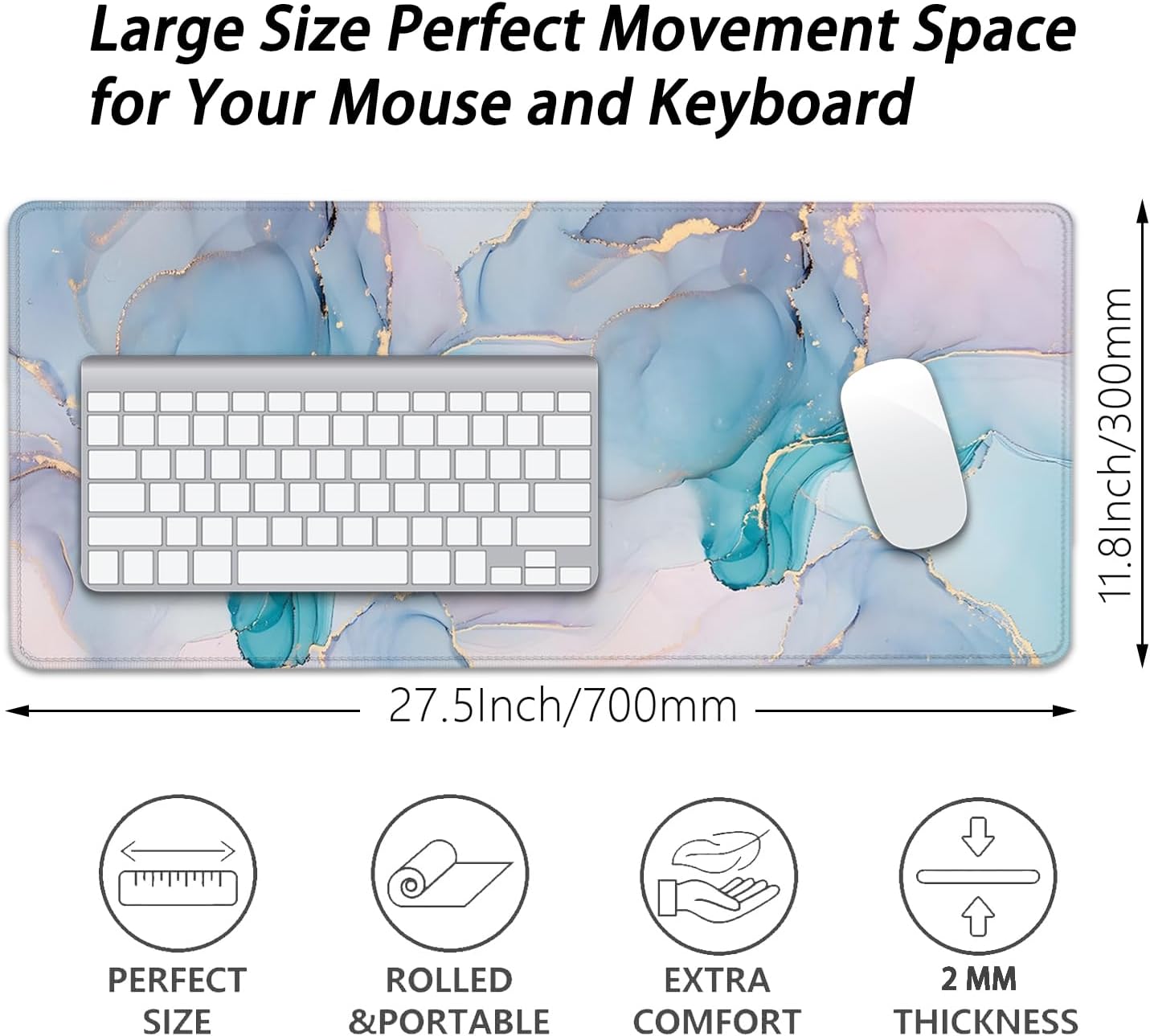 Cyan Blue Marble Desk Pad Mouse Pad,Large XL Mouse Mat with Stitched Edges,Non-Slip Rubber Base Mousepad for Office PC Keyboard Laptop and Home Work Desk Mat(27.5X11.8 in)