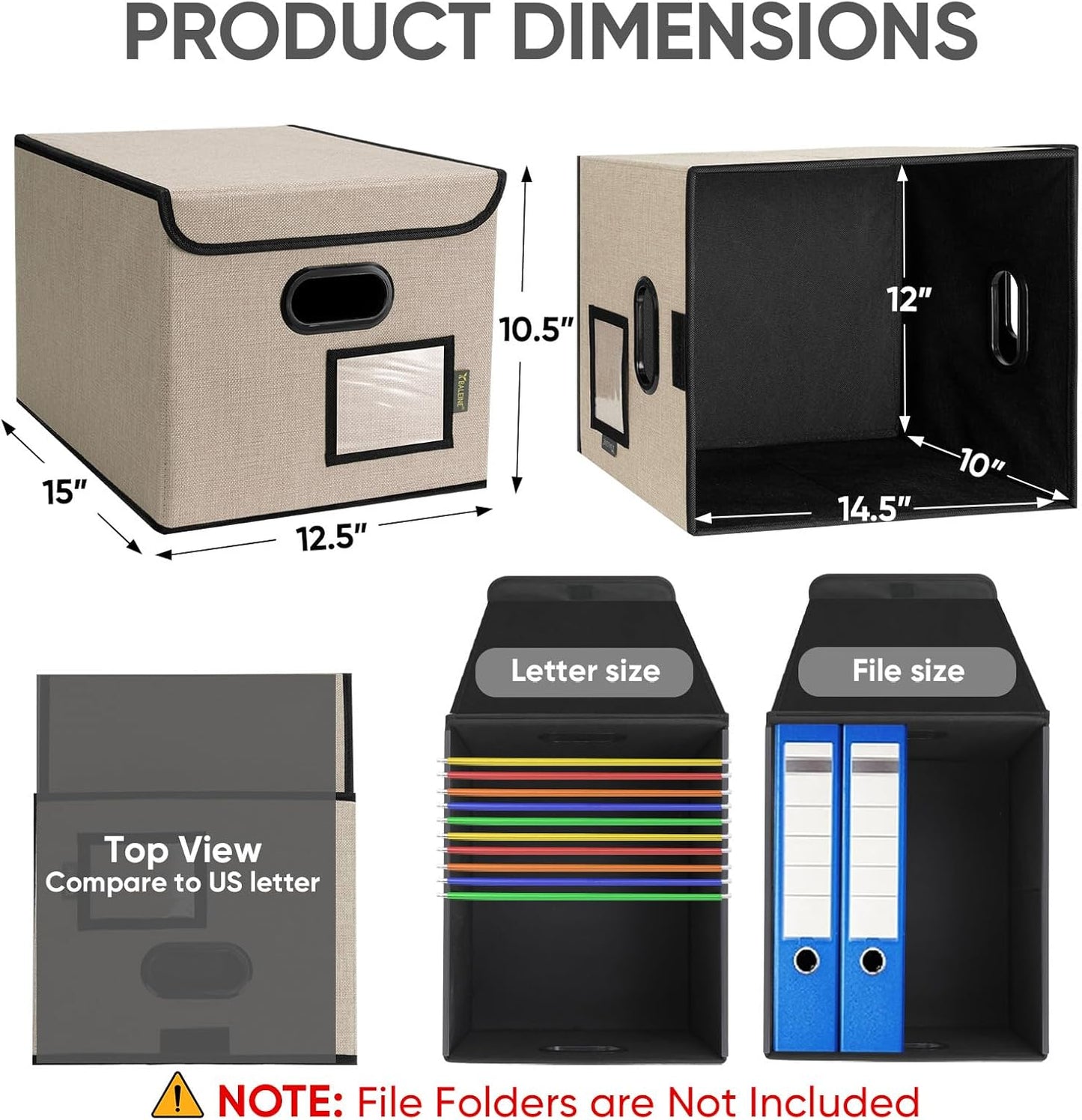 BALEINE File Organizer Box with Lid, Collapsible File Folder Organizer with Plastic Slide, Hanging File Folder Box for Office Document Storage (2 Pack, Beige)