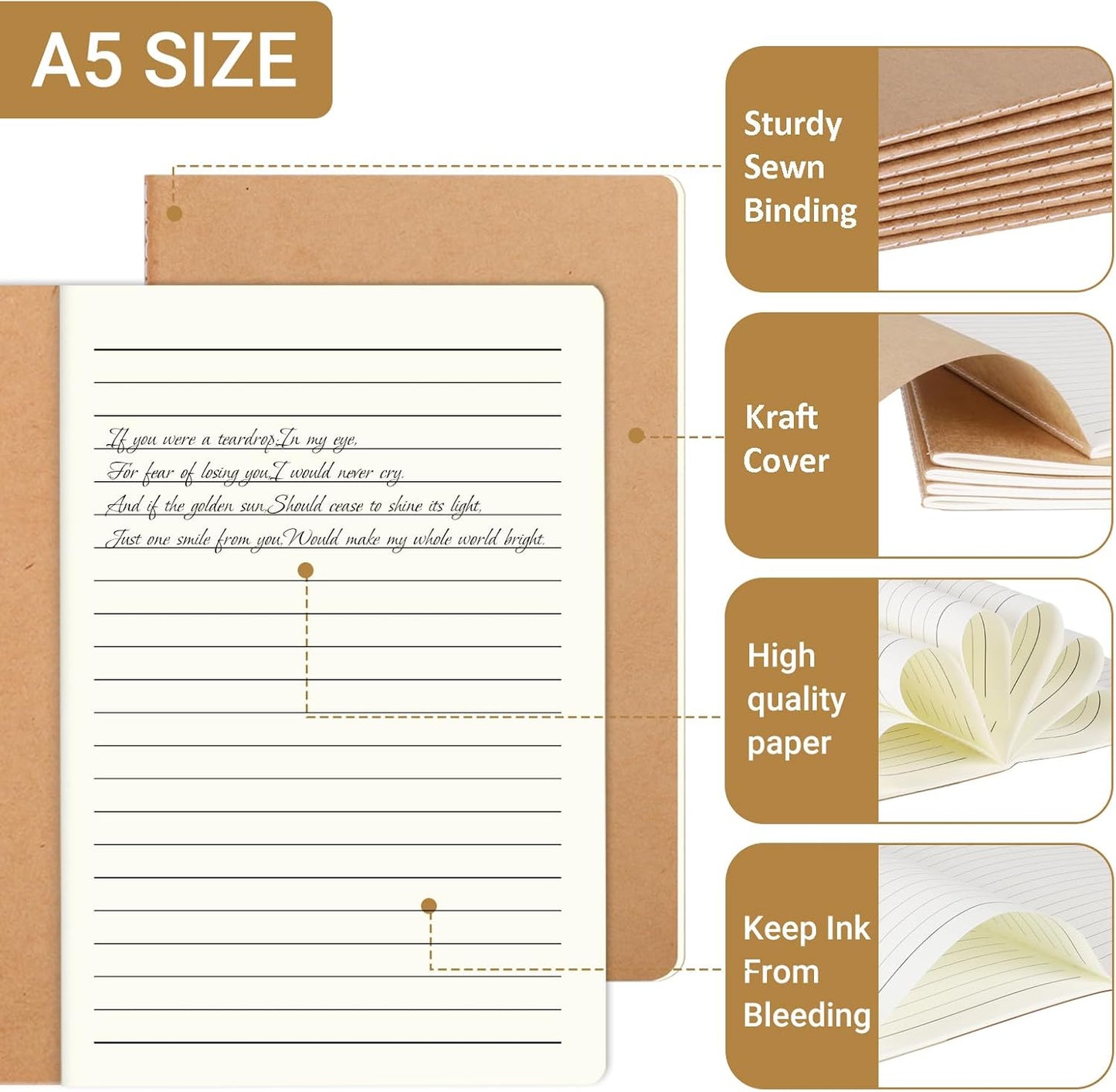 48 Pack Lined Journal Notebook Kraft Brown Cover Lined Notebooks for Travelers, Students, Office - Composition Notebook Subject Notebooks - A5 Size, 8.26”x5.5”, 64 Lined Pages/32 Sheets