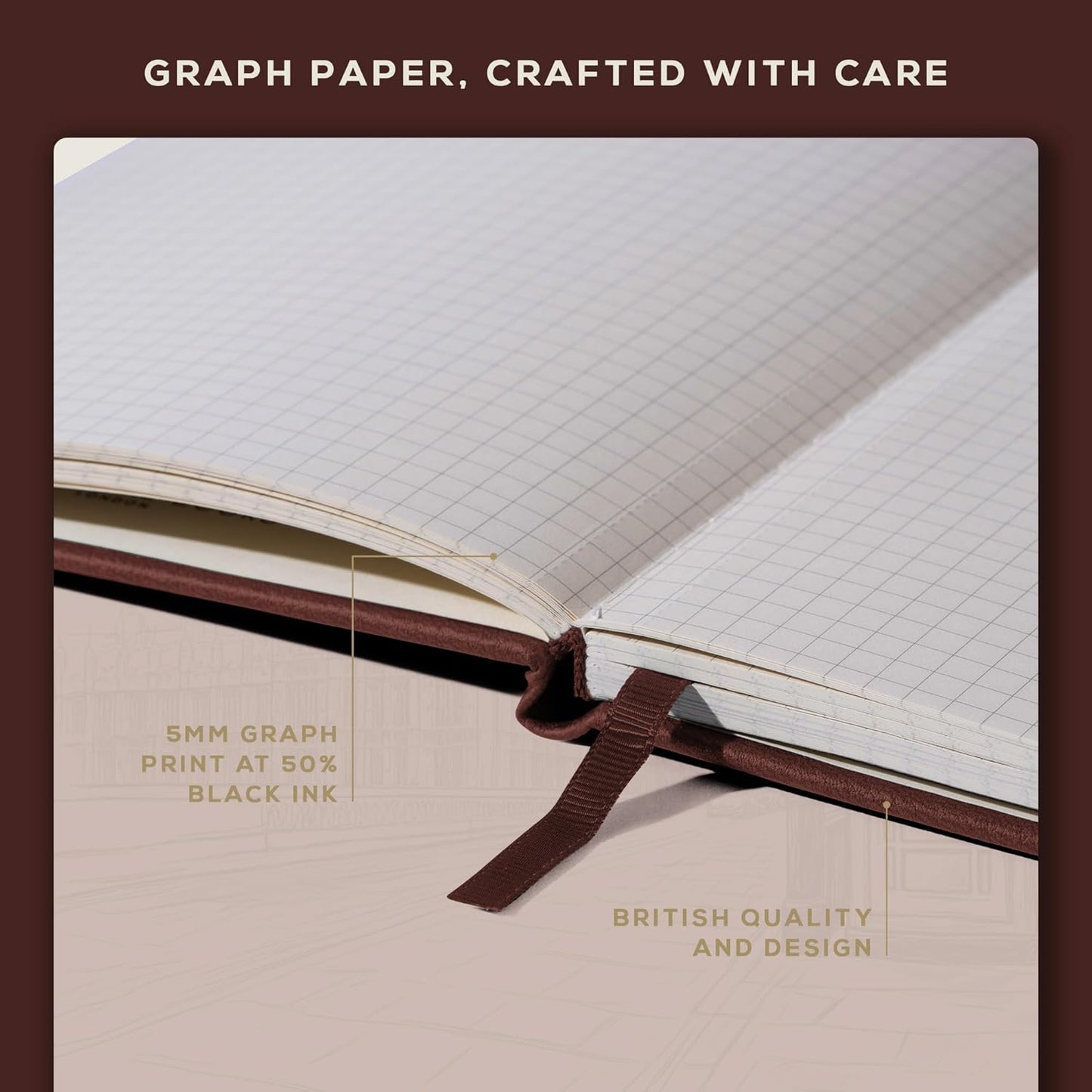 BEECHMORE BOOKS Graph Paper Notebook - Regular, Brown | Premium Square Grid Math & Science Journal | 5.75" x 8.25" Hardcover Vegan Leather | Thick 120gsm Cream Graph Paper | Gift Box for Men & Women