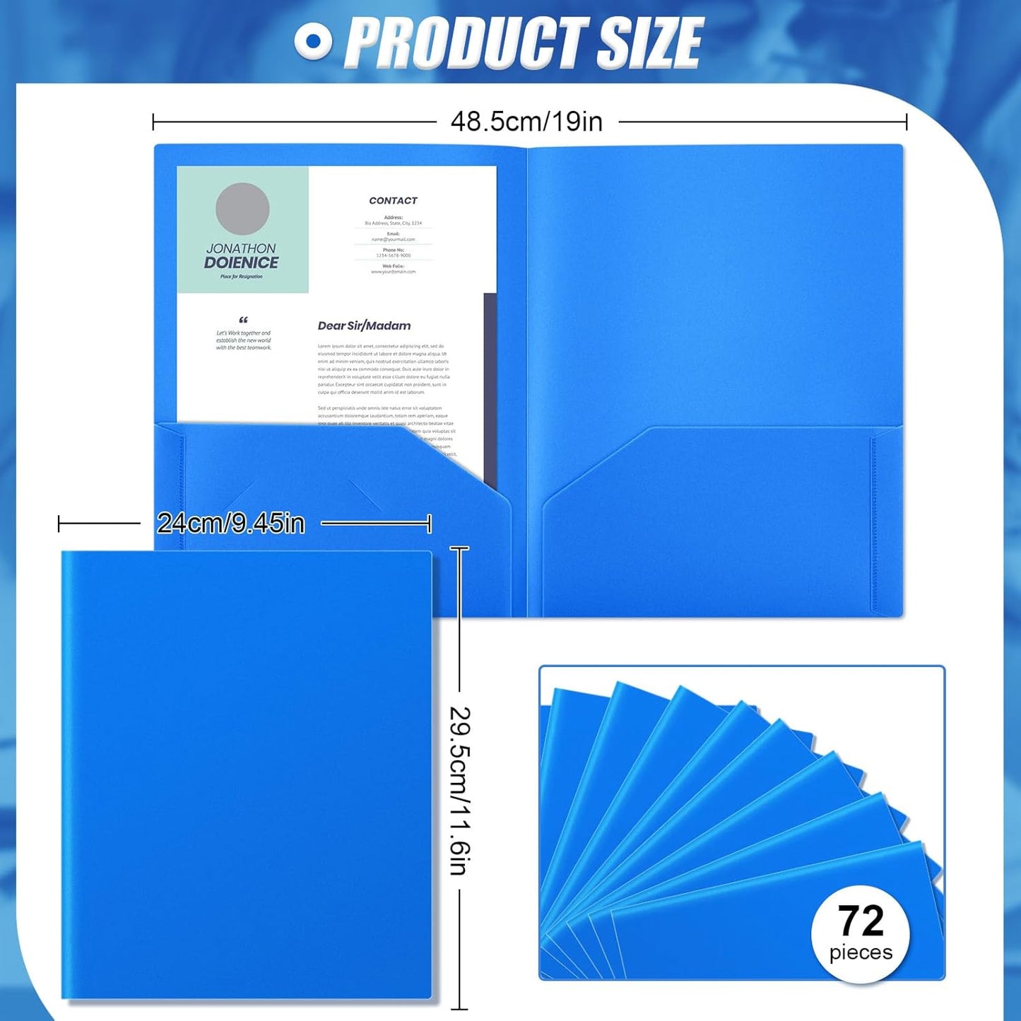 Gueevin 72 Pcs Two Pocket Folders Bulk Plastic File Folder with 2 Pockets Letter Size Paper Heavy Duty Durable Portfolios Case for Home Office School Business 11.61 x 9.45 Inch (Blue)
