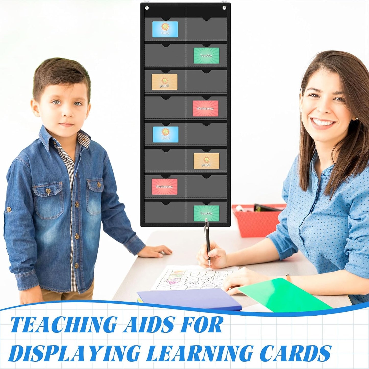 4 Pack 3'' x 5'' Index Card Holder Sleeve 16 Slot Plastic Organizer Hanging Wall Mount Business Note Cardholder PVC Clear Organizer Pocket for Classroom Office Library Home (Black)