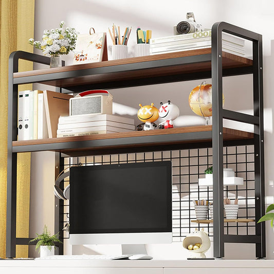 2-Tier Desktop Hutch Bookshelf Metal Desk Shelf Dorm Bookcase for Computer Desk Countertop Storage Organizer Display Rack for Office Home (Black, 29.5in)