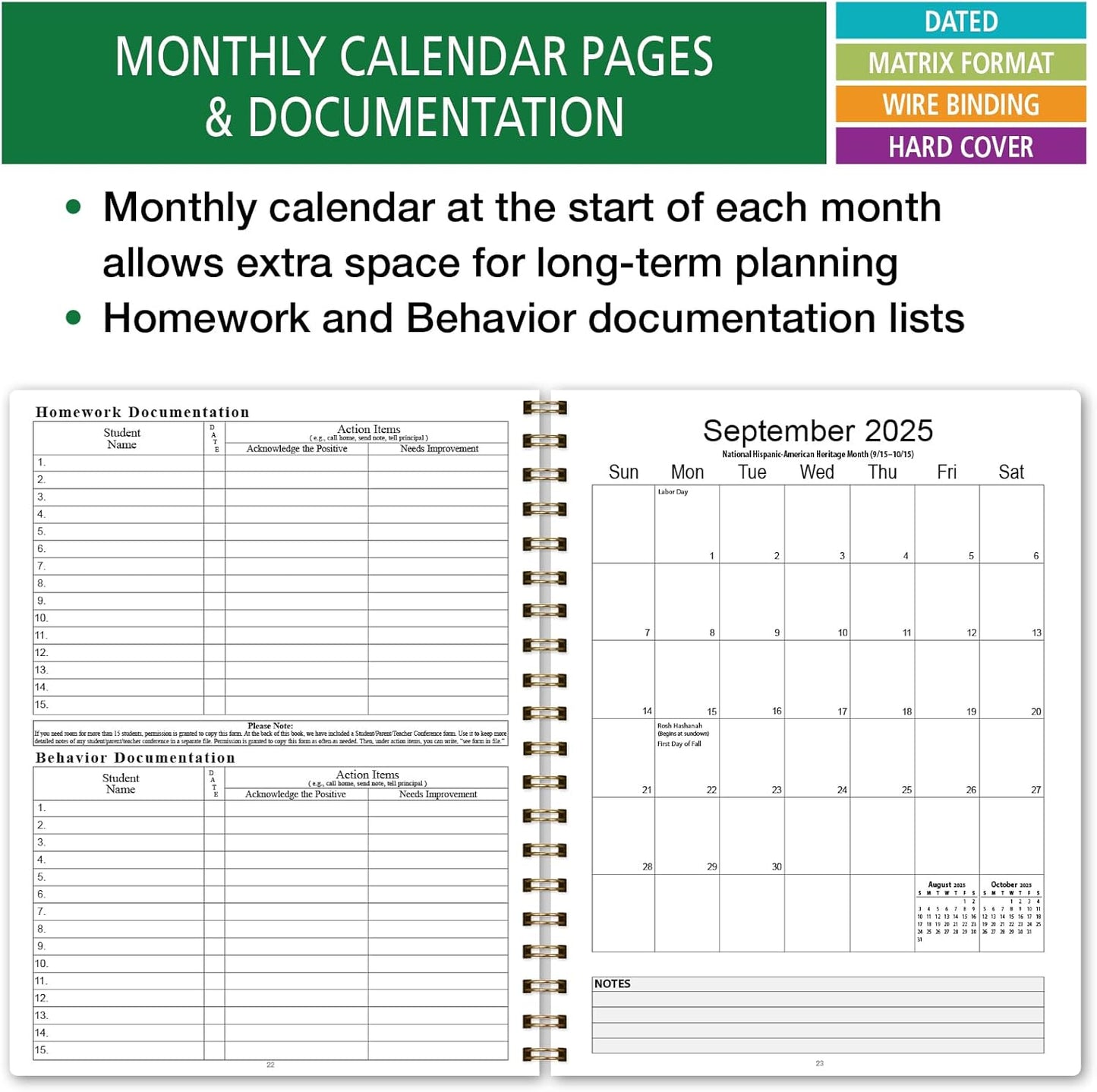 Elan Publishing Company HARDCOVER 7 Period Dated Teacher Lesson Plan; Days Horizontally Across The Top Dated for 2025-2026 Academic Year with Bonus Clip-in Bookmark (Tree Seasons)