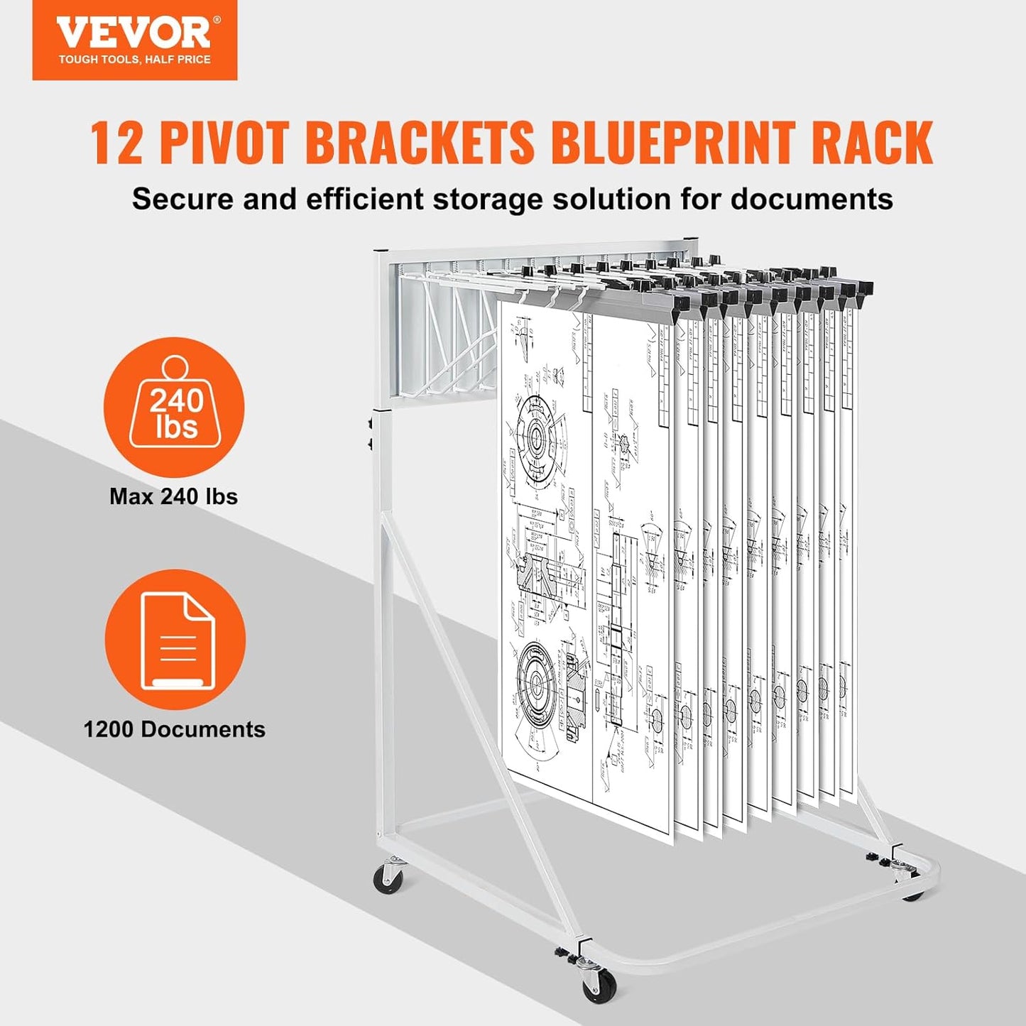 VEVOR Mobile Blueprint Storage Rack, Plan Holder with 12 Pivot Brackets, Mobile Blueprint Holder Adjustable Height & Length, Poster Display Rack for Office and Home (Rack Only Without Clamps)