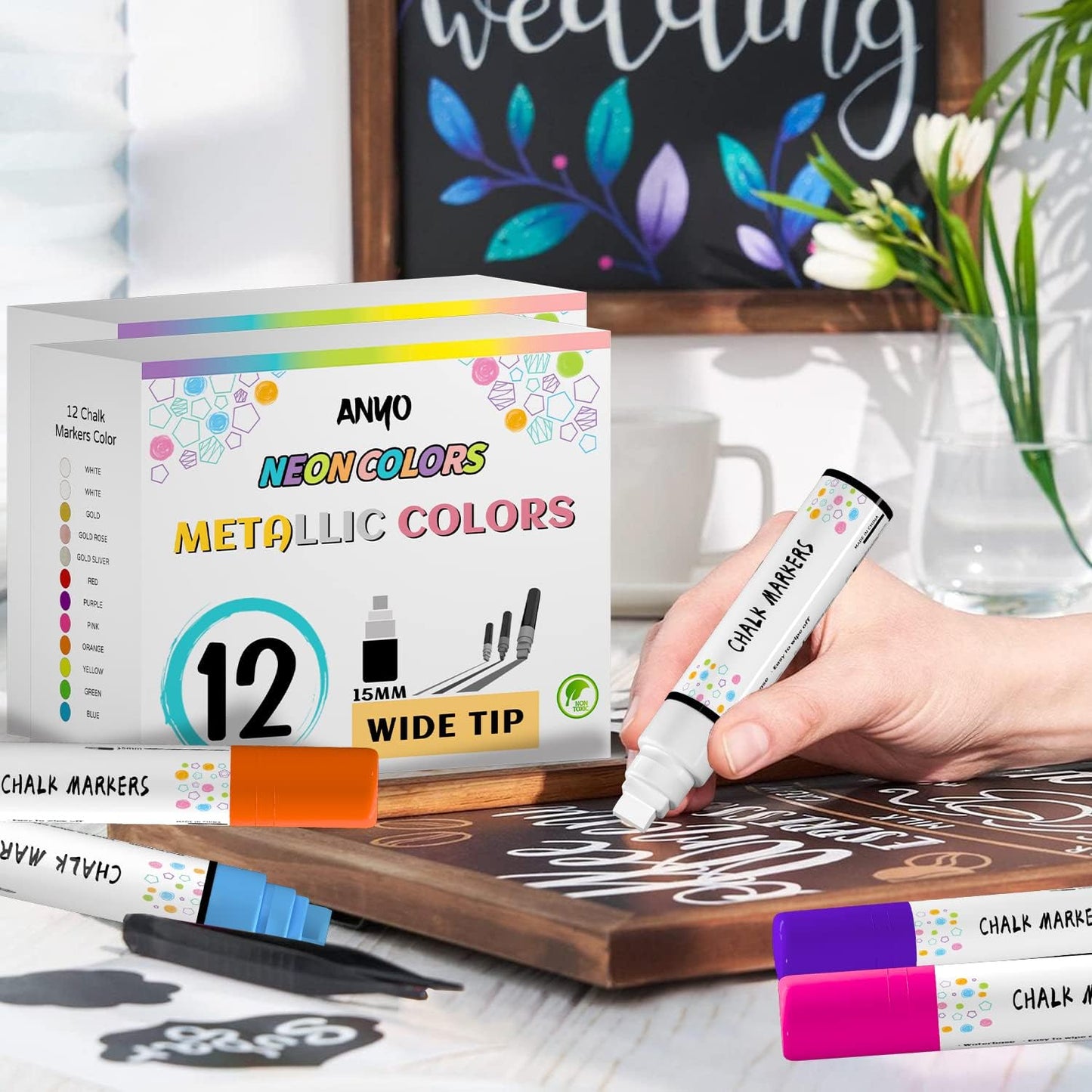 Anyo 12 Pack Window Markers for Cars, Liquid Chalk Markers with 15mm 3 in 1 Nib Jumbo Tip, Metallic & Neon Color Wet Erase Window Paint for Glass Washable, Glass, Mirror, Blackboard, Bistro, Menus