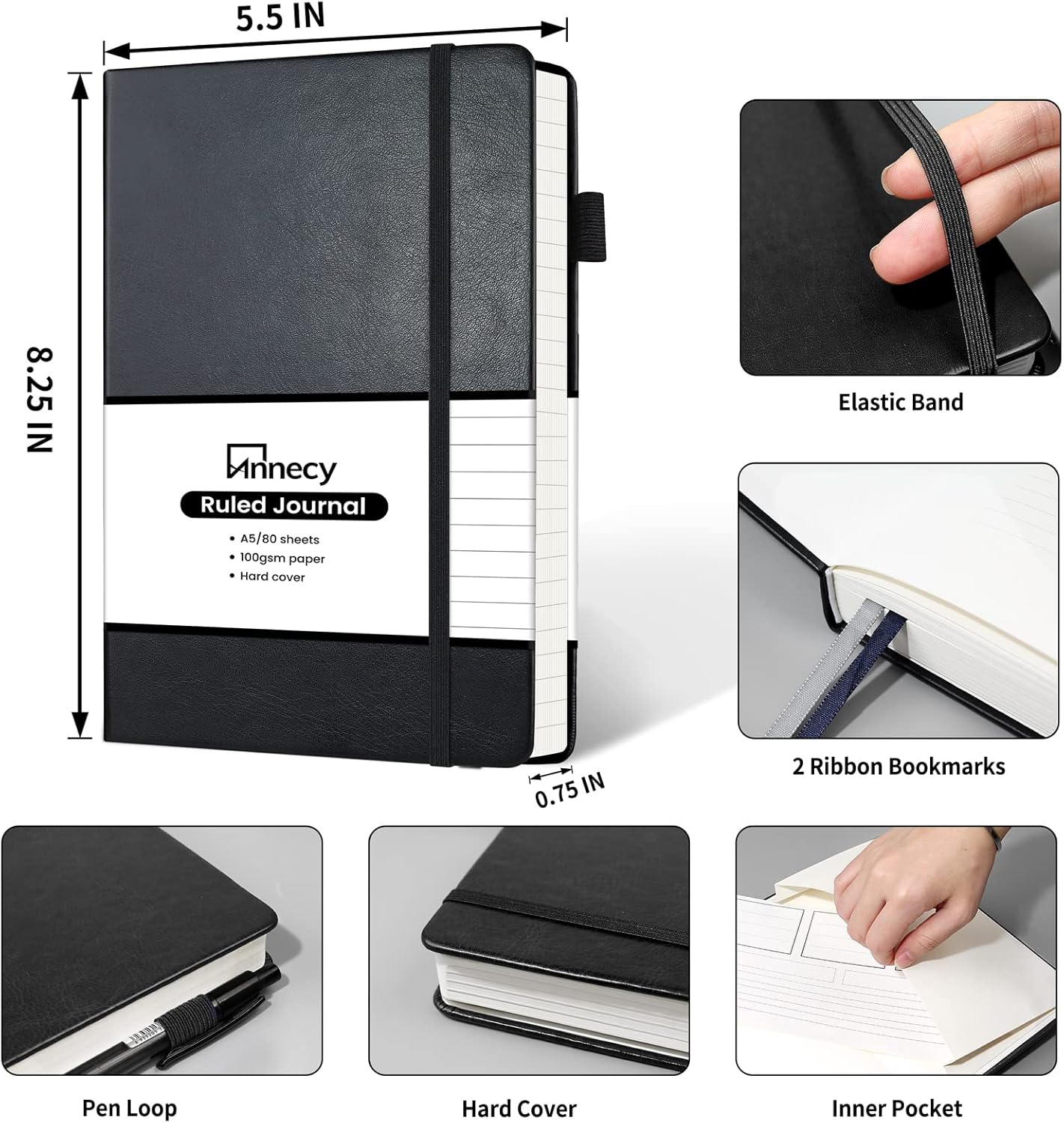 Annecy Lined Journal Notebook, Hardcover Numbered College Ruled Journal, Medium 5.5x 8.25, 160 Pages 100GSM Writing Paper, Black