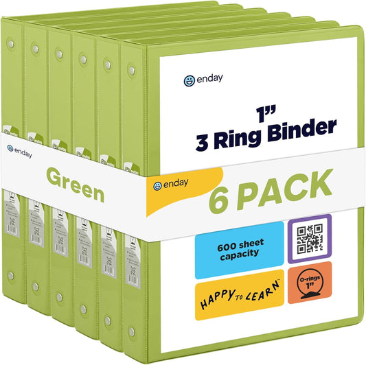 3 Ring Binder Green, 1 Inch, 1” Clear View Cover with 2 Inside Pockets Round Ring Binder, Colored School Supplies Binders, Also Available in Pink, Blue, Purple, Grey, and Red (6 PC) – by Enday