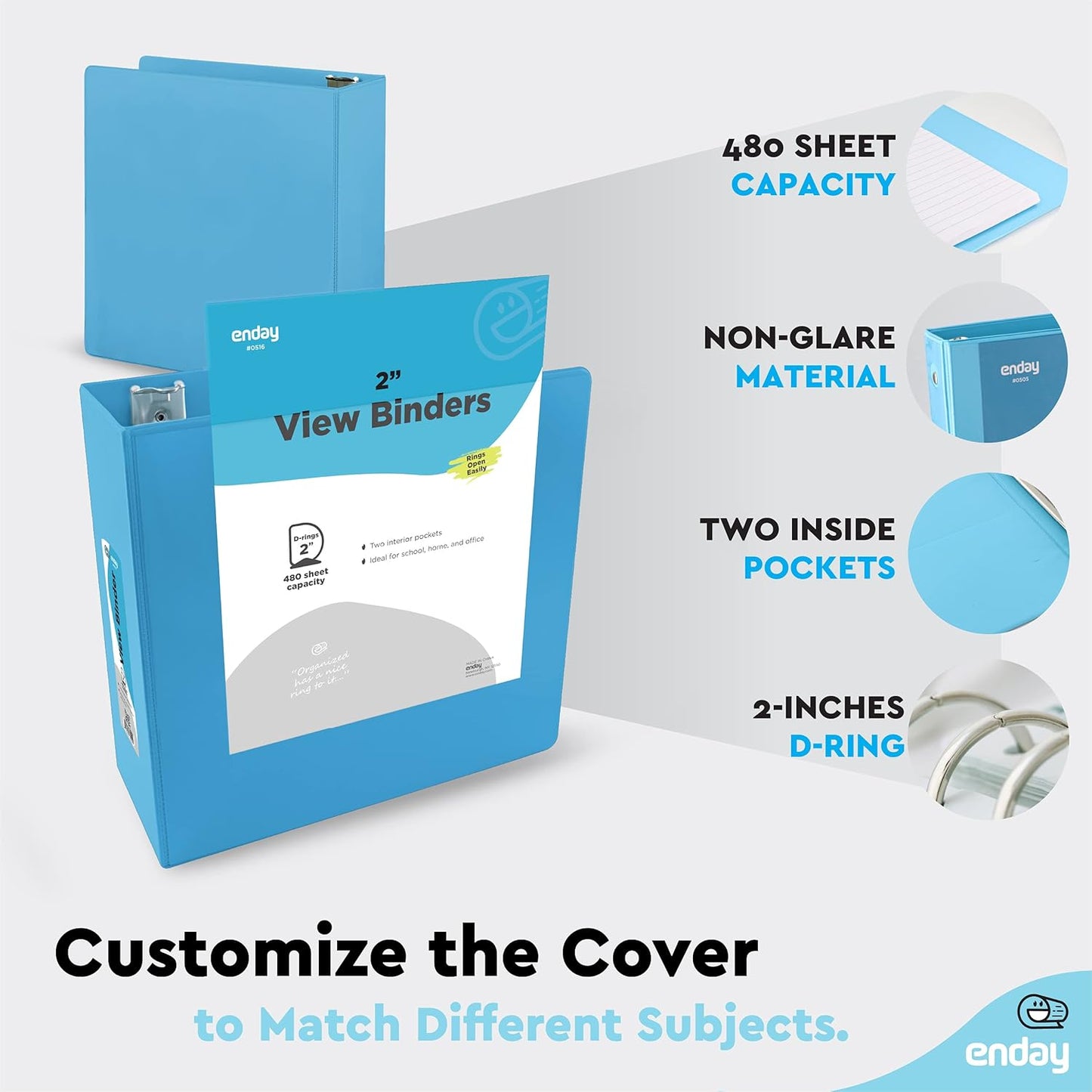 3 Slant D-Ring Binder 2 Inch Binder Blue, 2 in Clear View Cover w/ 2 Inside Pockets, Heavy Duty Colored School Supplies Binders Also Available in Grey, Pink, Red, Green, Purple (6 PC)–by Enday