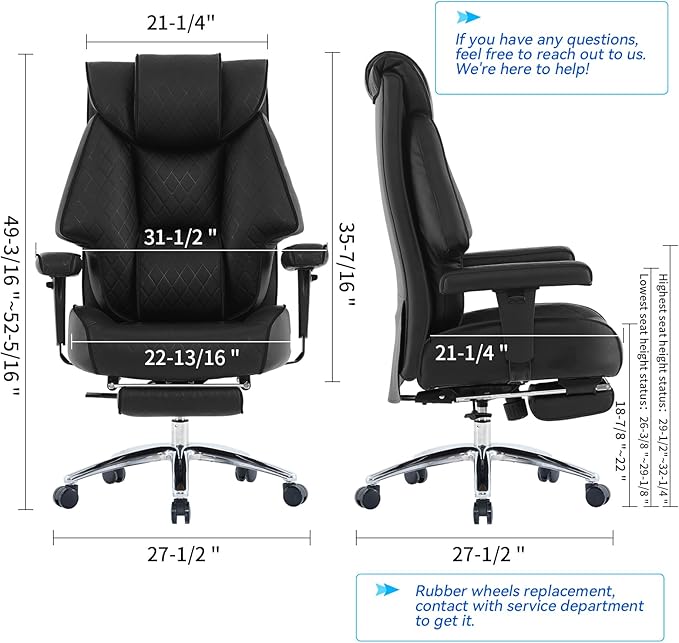 Big and Tall Office Chair with Footrest, PU Leather High Back Executive Office Chair 400lbs, Ergonomic Computer Chairs Lumbar Support for Heavy People (All Black)
