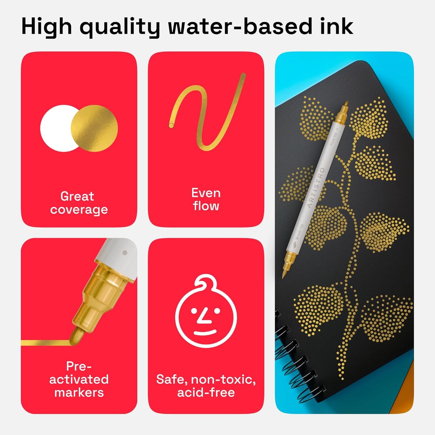 ARTISTRO 5 Gold Dual-Tip Acrylic Paint Pens - 1-5 mm Brush + 1mm Fine Tips - Multisurface Markers for Fabric, Glass, & More