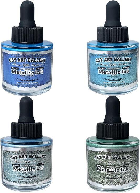 CSY art gallery Metallic Acrylic-Calligraphy-Craft -Drawing Inks,Glitter -Pearlescent -ICY Blue Paint with Dropper, 1oz - 29.5 ml (Ice Lake Mountains Set)