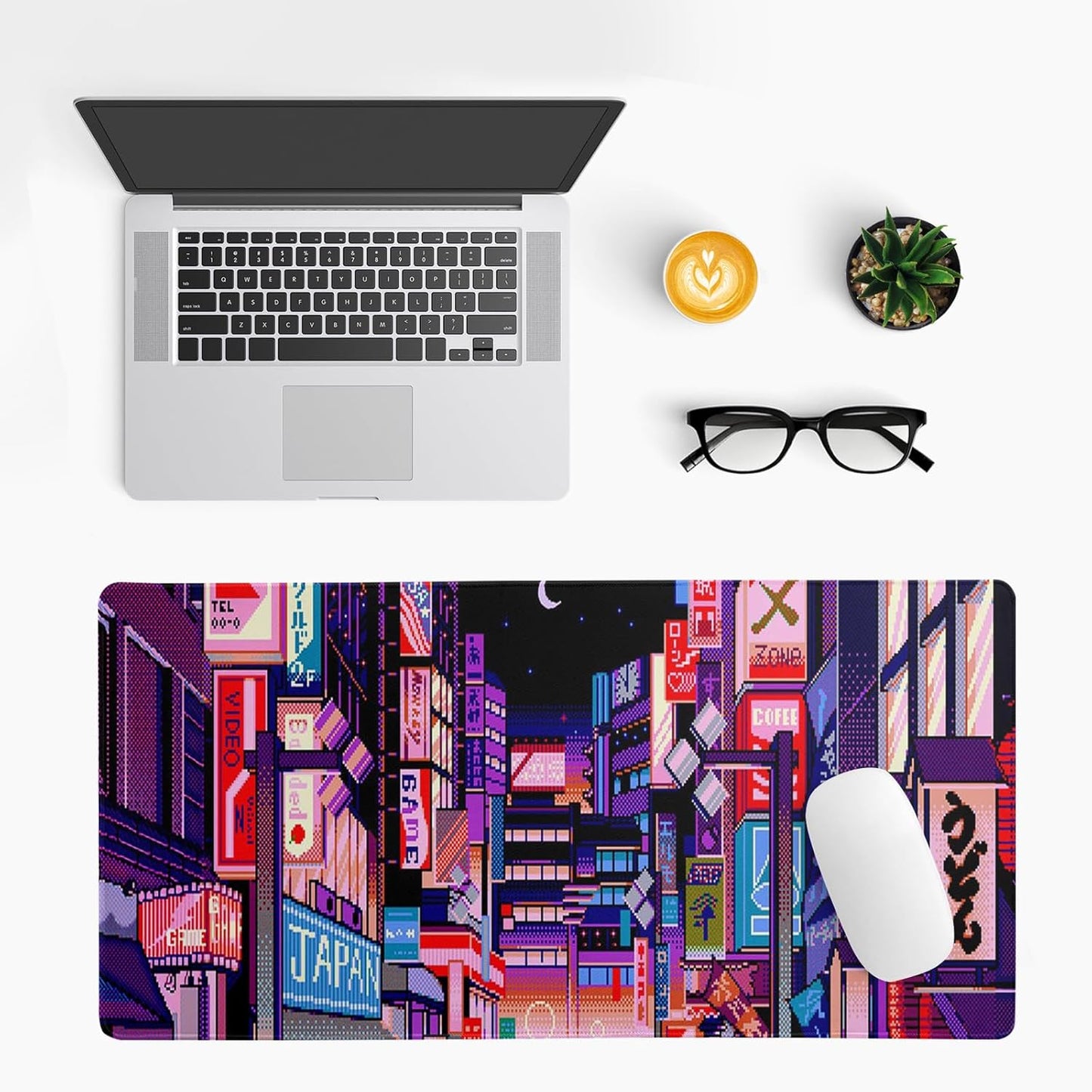 Dark Purple Japanese Gaming Mouse Pad Abstract Anime Mat 27.6x11.8 Inch Tokyo Pixel Street Texture Non-Slip Rubber Base Kawaii Mousepad Stitched Edges Keyboard Desk Pad for Office and Home Game