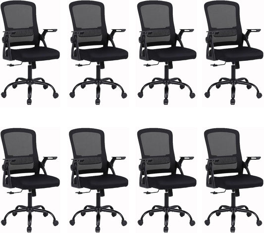 Office Chair, Ergonomic Desk Chair with Lumbar Support, Breathable Mesh Chair with Flip-up Armrests and Mid Back, Comfy Task Computer Height Adjustable Swivel Chair (8, Black)