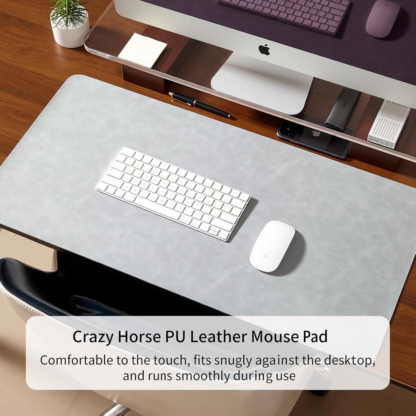 Crazy Horse Leather Desk Mat Large Mouse Pad Laptop Desk Pad Waterproof Non-Slip Table Blotter Desktop Writing Pad for Office and Home (Light Grey, 90x43cm)
