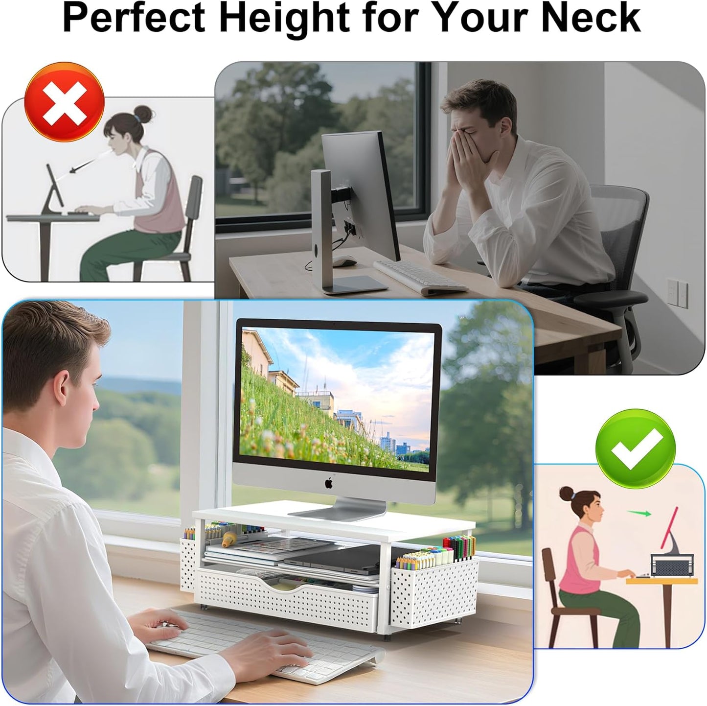 Desk Organizer and Accessories, Computer Monitor Stand Riser with Drawer and 2 Pen Holders, Office Desk Accessories & Workspace Organizers for Office Supplies (White)