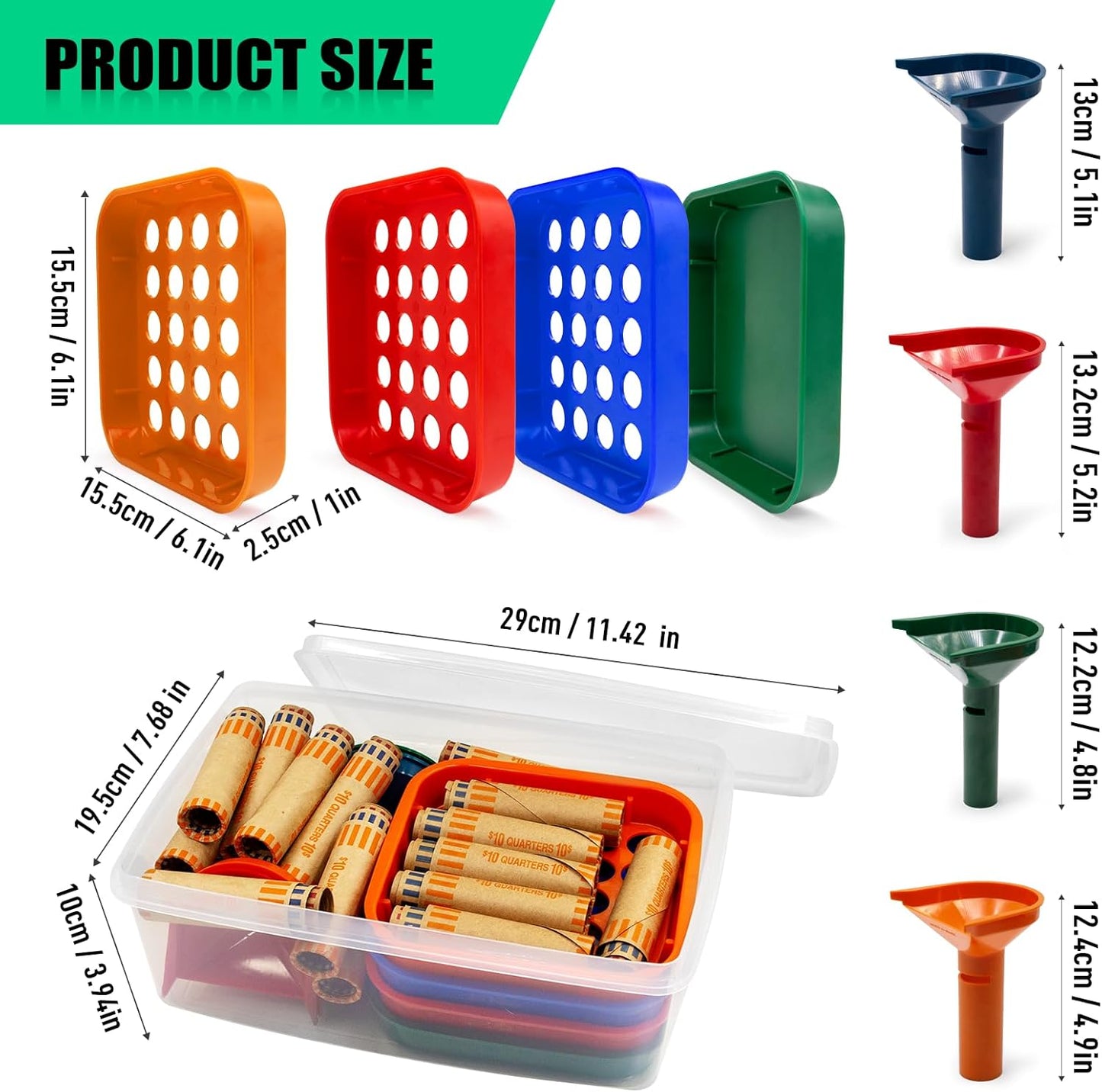 Coin Sorter Tube & Coin Sorter Tray - 4 Color Coded Coin Separator Trays and Coin Sorters Tubes Bundle with 72 PCS Preformed Coin Wrappers