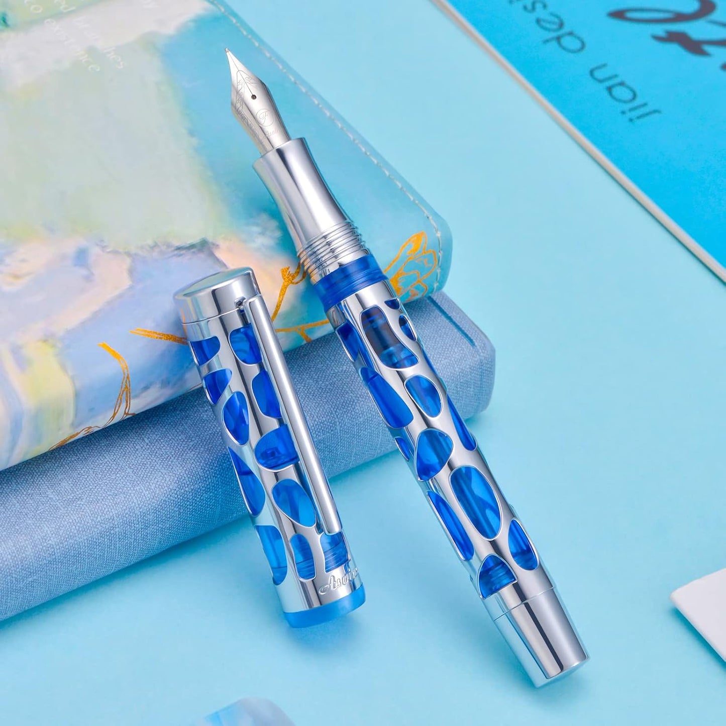 Asvine V169 Vacuum Filling Fountain Pen Fine Nib, Water Drop Skeleton Transparent Blue Acrylic Pen Case Set