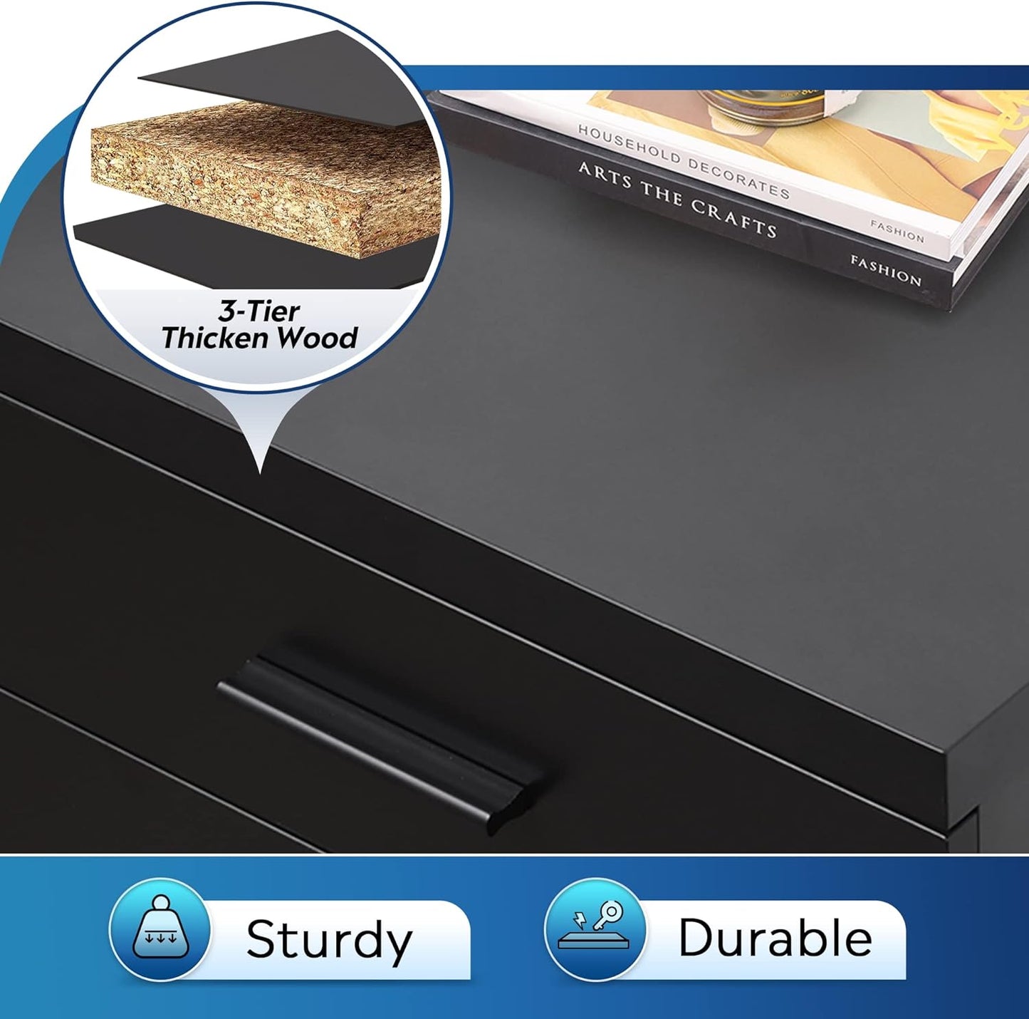 DEVAISE 3 Drawer File Cabinet for Home Office, Wood Under Desk Filing Cabinet, Rolling Printer Stand with Wheels, Black