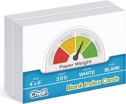 Chell 200 Count Blank Index Cards 4x6 Inch Heavyweight, No Bleed-Through, Double Side Unlined, 74 lb. Cover Weight, White