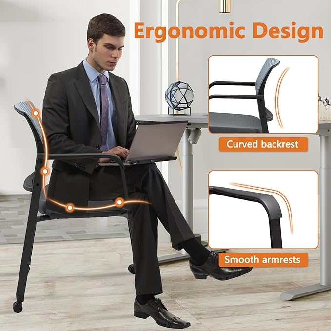 CLATINA Mesh Back Stacking Arm Chairs with Upholstered Fabric Seat and Ergonomic Lumbar Support for Office School Church Guest Reception (WithWheels Gray- 8 Pack)