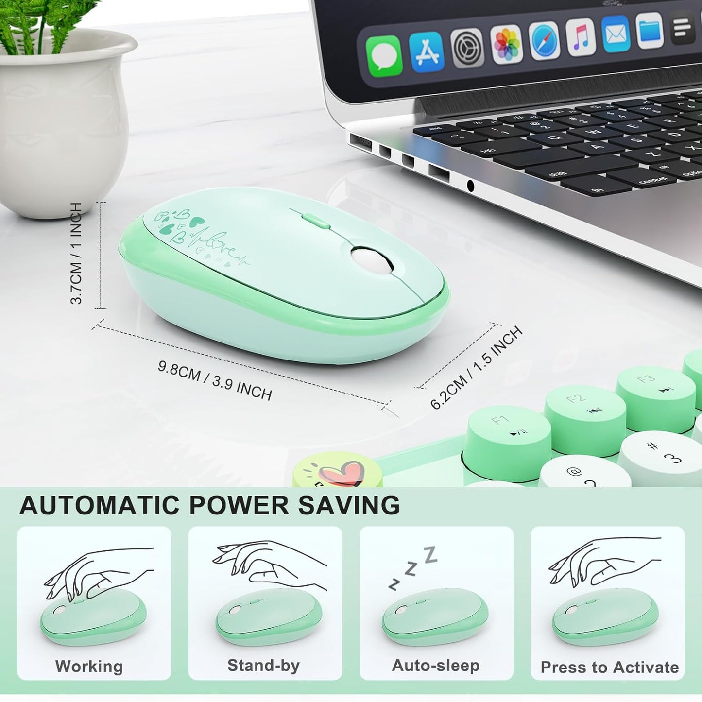 FOPETT Wireless Keyboard and Mouse Combo - 2.4G Full-Sized Cute Colorful Retro Keyboard with Round Keycaps 104 Keys Typewriter Keyboard for Laptop/Windows/PC-Green Colorful