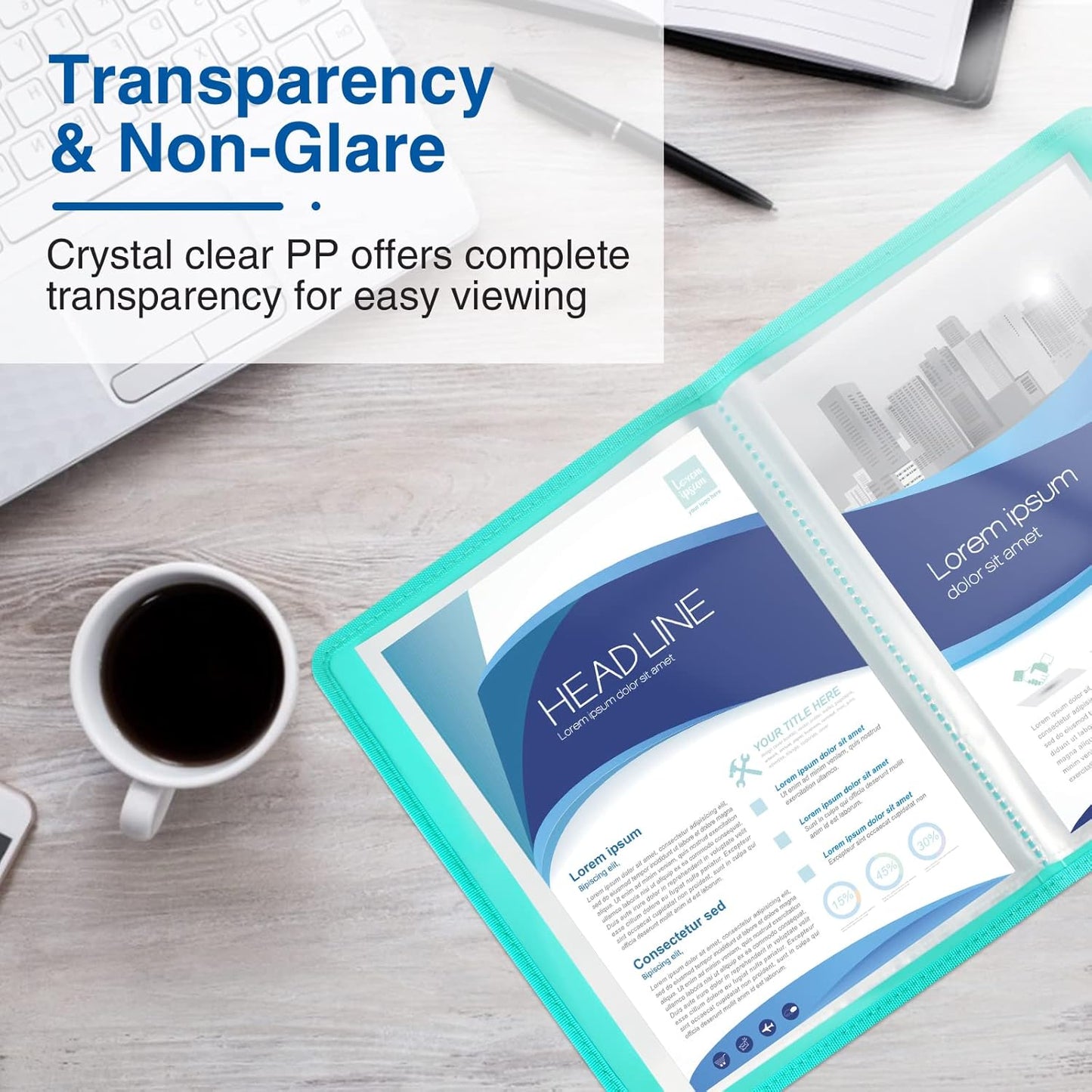 Sooez 30-Pocket Binder with Plastic Sleeves 8.5x11 (Aqua), Heavy Duty Art Portfolio Folder with Clear Sheet Protectors, Display 60 Pages, Presentation Book for Artwork, Document Organizer Binder