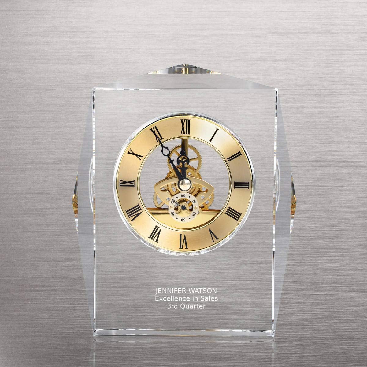 Baudville Engraved Clock Trophy - Executive Crystal - Rectangular Shaped on a Rectangular Base - Silver Inset Time Piece (Gold)