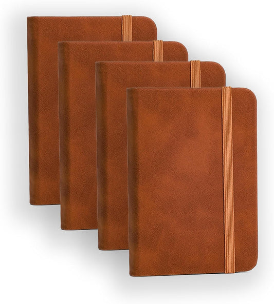 4 Pack Pocket Notebook Small Notebook, 3" x 4.4" Journal Notebook Hardcover with Thick Lined Paper, 200 Pages Leather Cover Mini Journal Notepad (Brown)