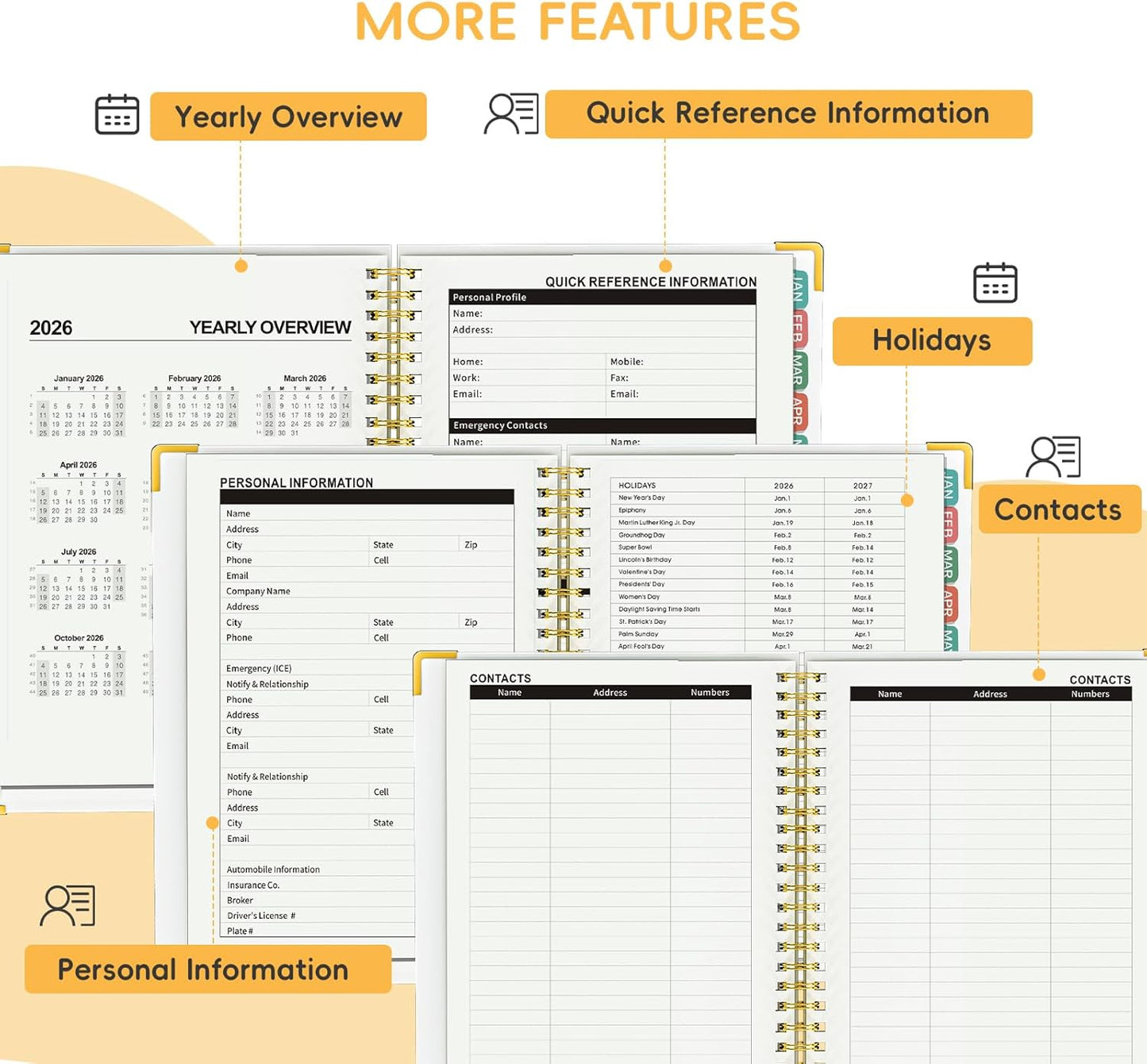 2026 Planner, A5 (6.3"x 8.5") Planner 2026 Jan-Dec, Monthly/Weekly/Daily Tabs with Contacts & Holidays, Hard Cover, Organizer for School and Business Supplies (Wheatear)