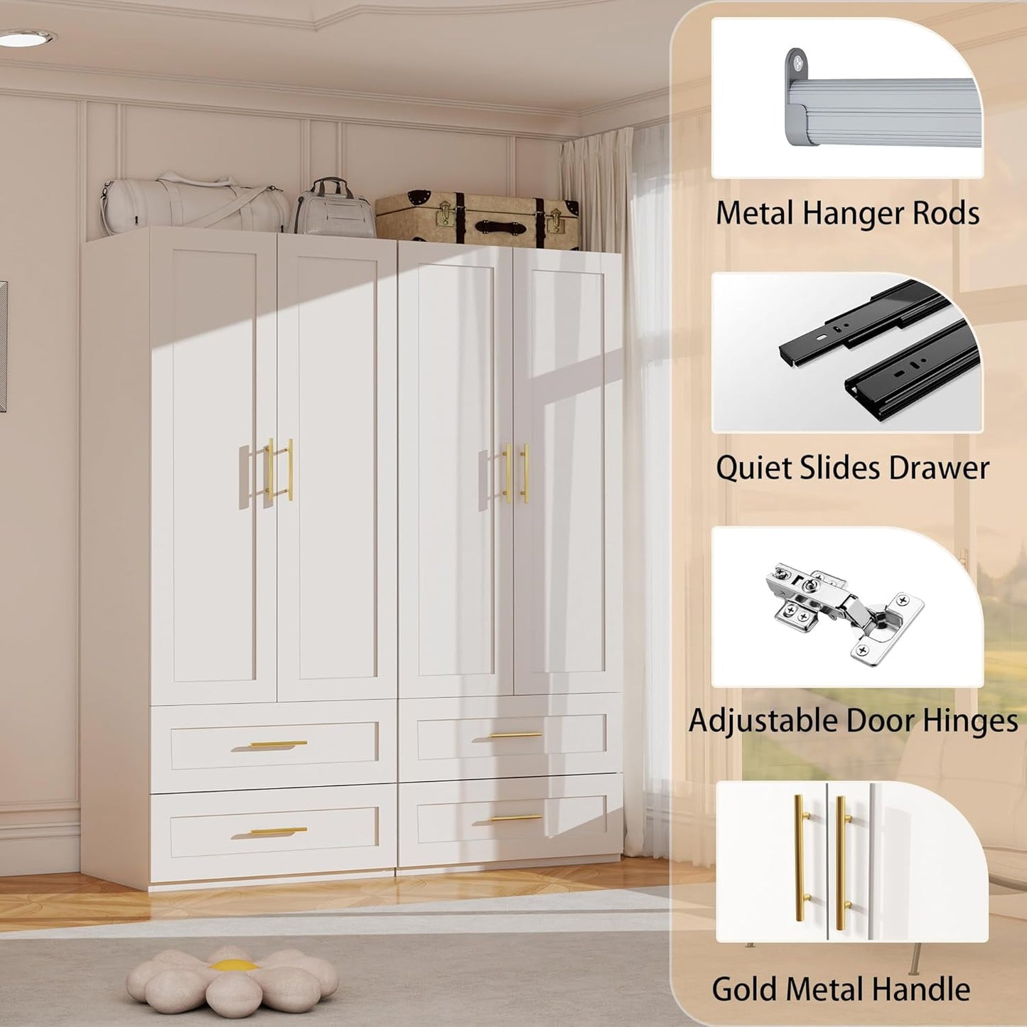 White Wardrobe with 4 Doors: 75" Tall Armoire Wardrobe Closet with 4 Drawers, Bedroom Closet Cabinet for Hanging Clothes, Wooden Storage Armoire with Shelves (Contemporary, 2)