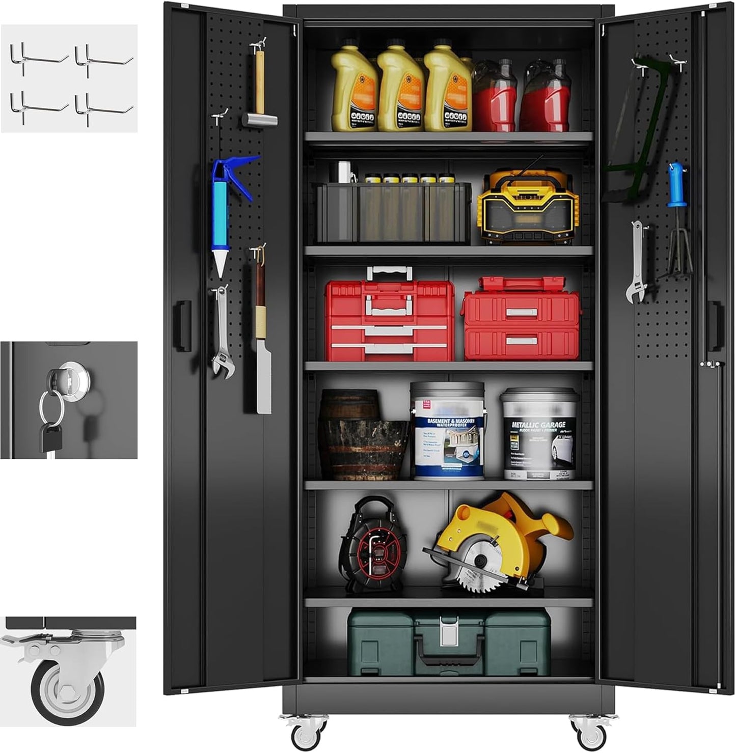 Aobabo Upgraded Garage Storage Cabinets with Wheels,Metal Storage Cabinets with 5 Adjustable Shelves for Garage Home Office Storage, Black,71''H*32''W*16''D,Assembly Required