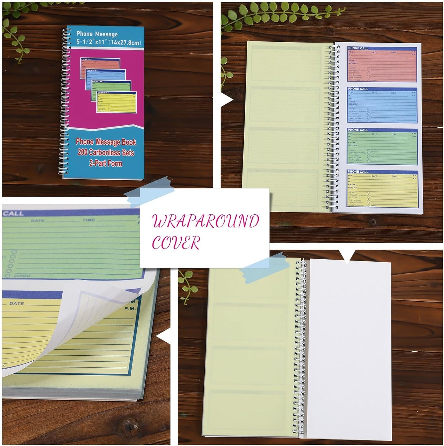 Sinmoe 1 Pcs Spiral Bound Phone Message Book with Carbon Copy 5-1/2" x 11" 2 Part Colorful Carbonless Telephone Message Pads Duplicate Spiral Phone Call Log Book for Business Office (Rose Red,Blue)