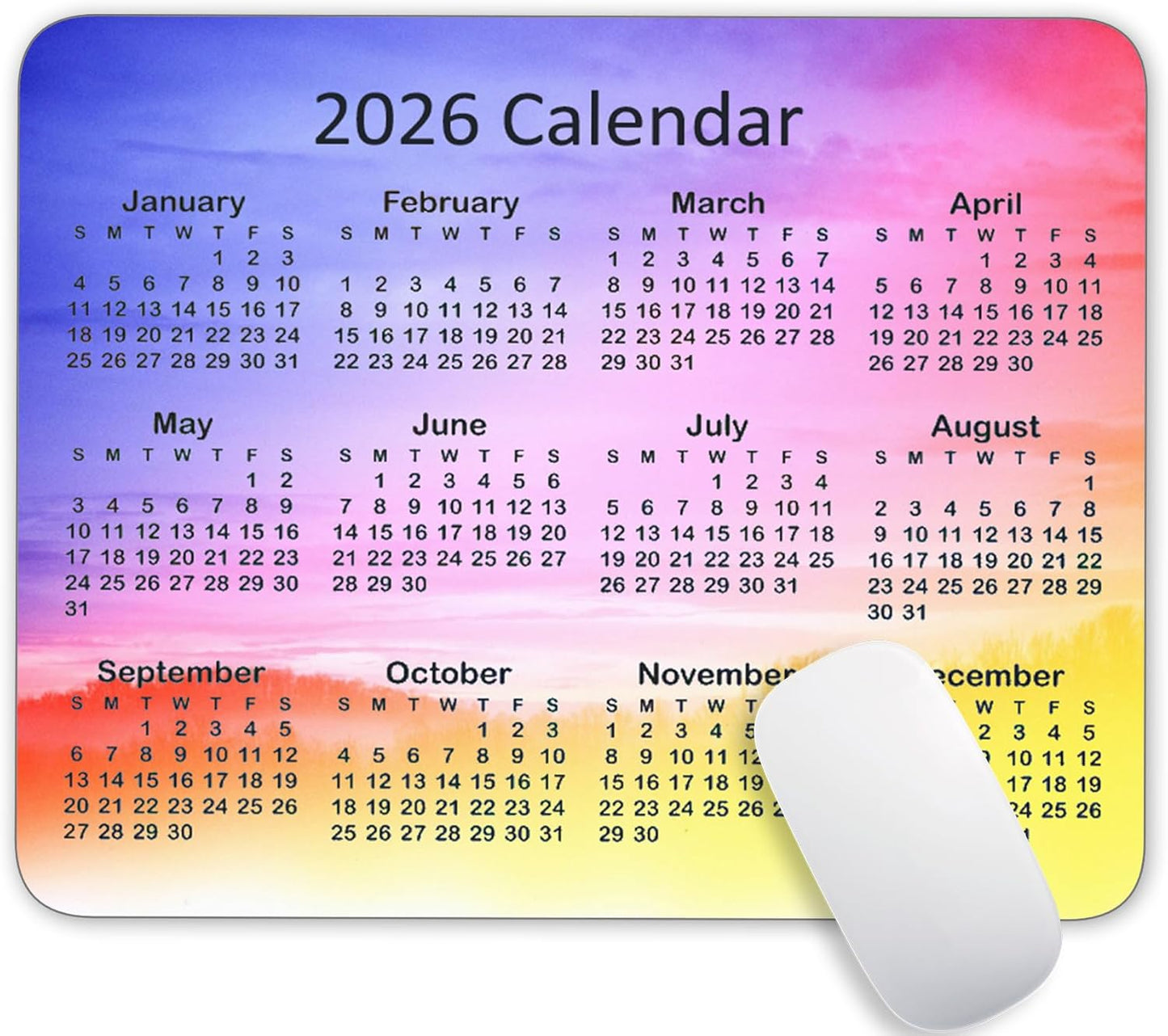 Calendar Mouse Pad, 2026 Watercolor Calendar Gaming Mouse Mat with Custom Design, Non-Slip Rubber Base MousePads for Office Home Laptop Travel, 9.5"x7.9"x0.12" Inch