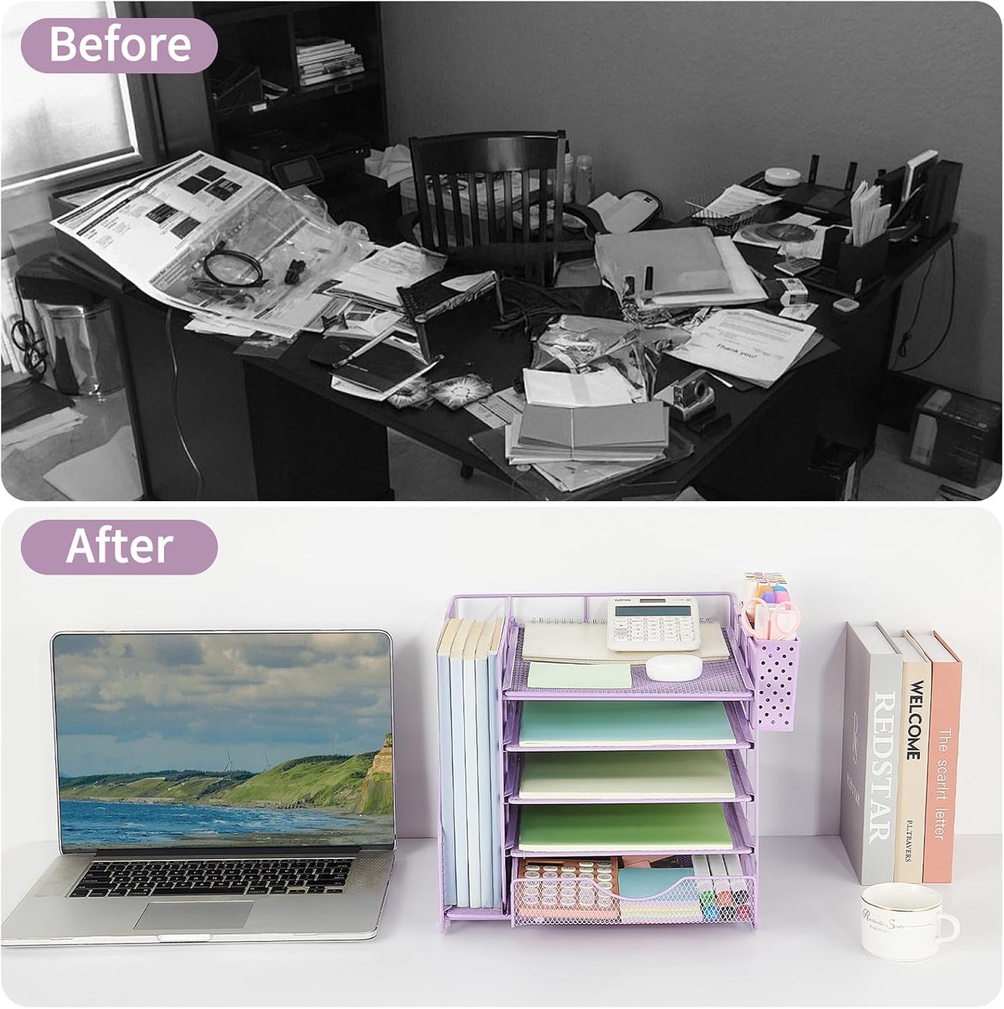 Desk Organizer with Drawer and Pen Holder, 5-Tier Paper Letter Tray Organizer with File Holder, Suitable for Workspace Organizer Office Supplies Storage (Purple)