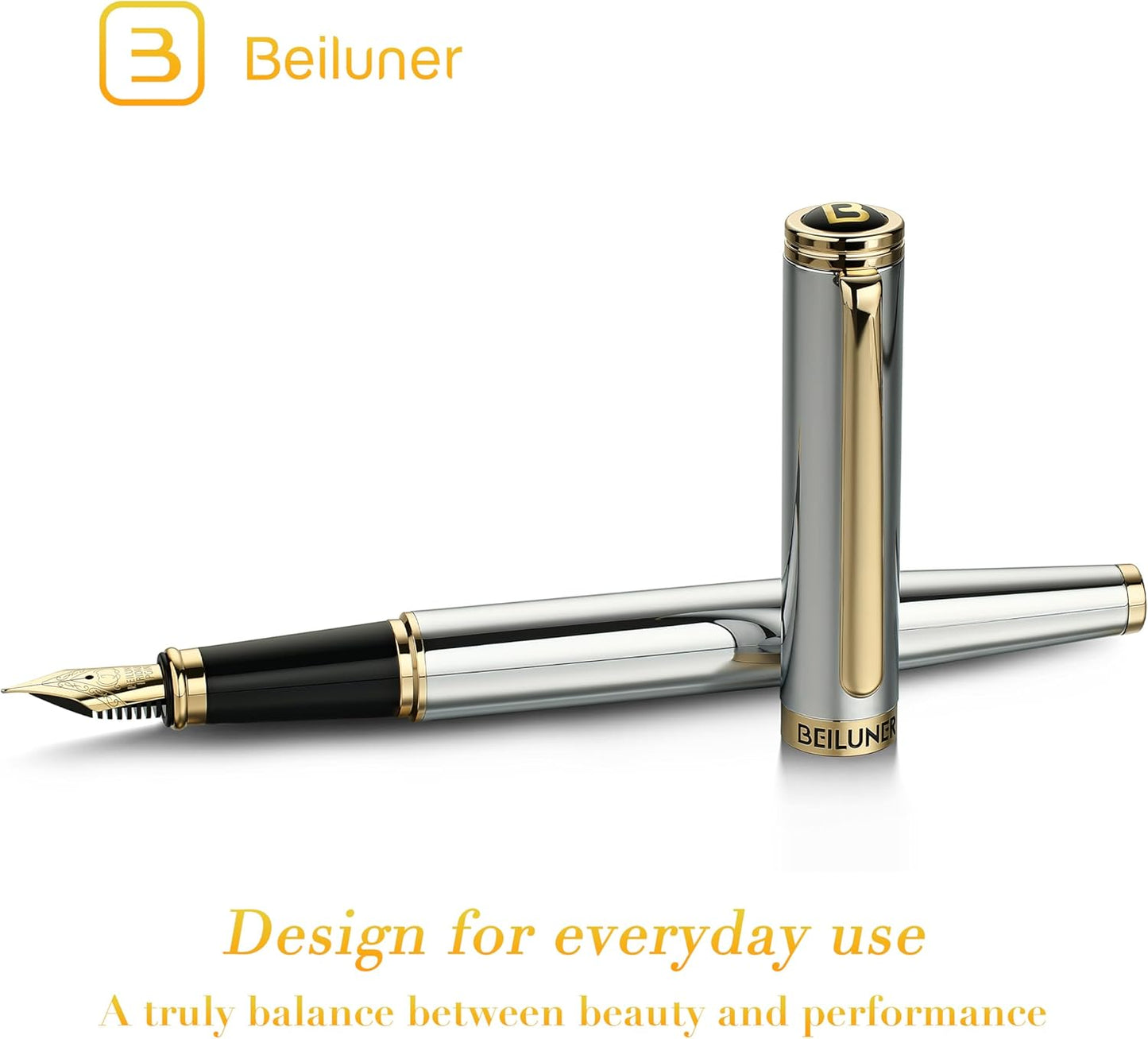 BEILUNER Silver Chrome Fountain Pen,Stunning Luxury Pens with 24K Gold Accents, Gorgeous 24K Gilded Nib(Fine), Ink Converter,Fancy Pen Gift for Men&Women-Elegant, Office, Reliable,Nice for Writing