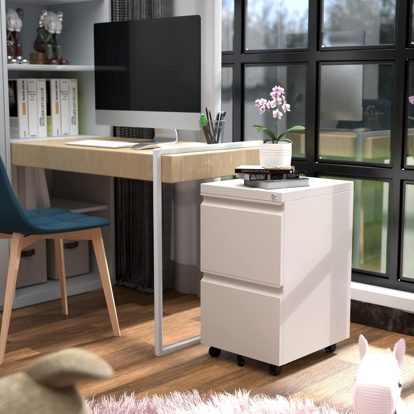 Aobabo 2 Drawer File Cabinet with Lock,Metal Filing Cabinet with Wheels for Home Office & Business Enterprise, Legal/Letter Size, Fully Assembled Except Wheels, White