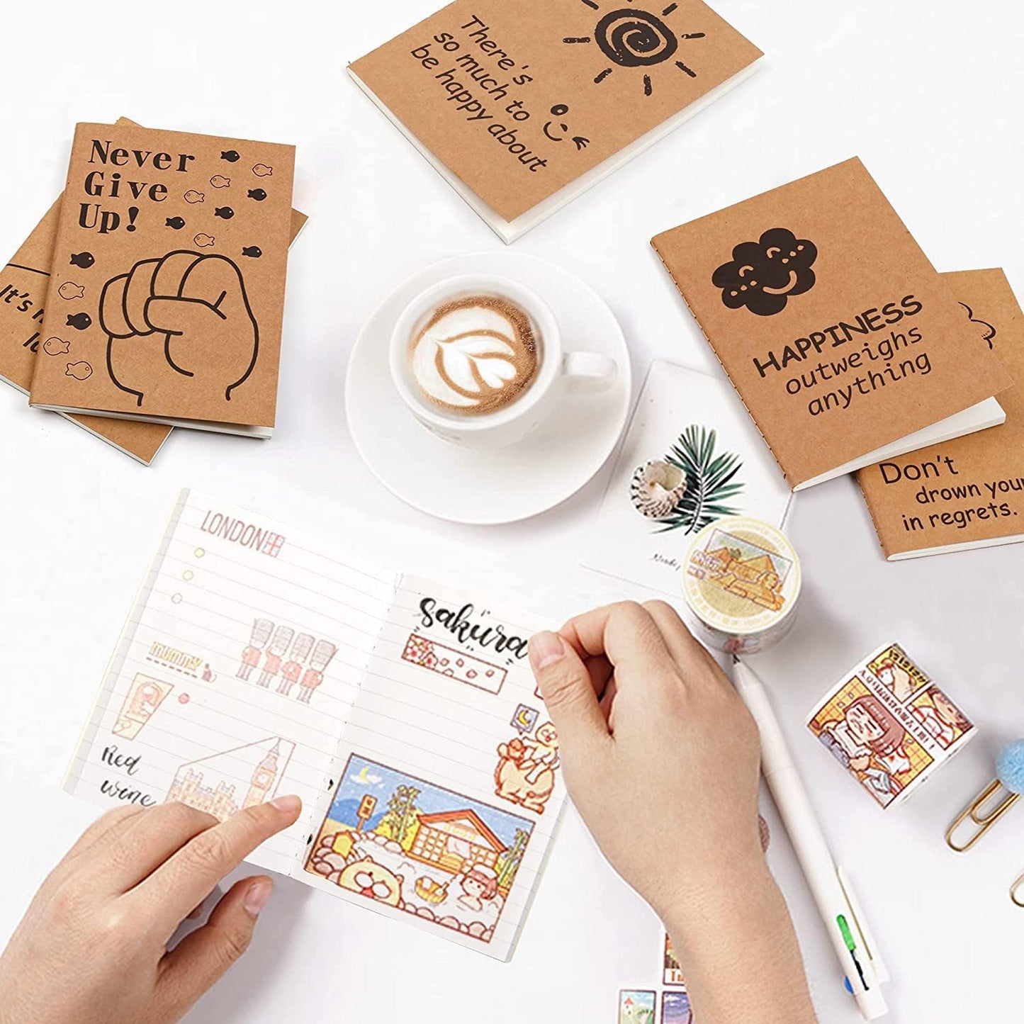 feela 8 Pack Cute Kraft Notebooks, 8 Designs Mini Pocket A6 Notebook Journal Notepad, Lined Small Motivation Blank Journal Bulk for Women Kids Students Gift School Supplies, 4.1X5.8 in, 80 Pages