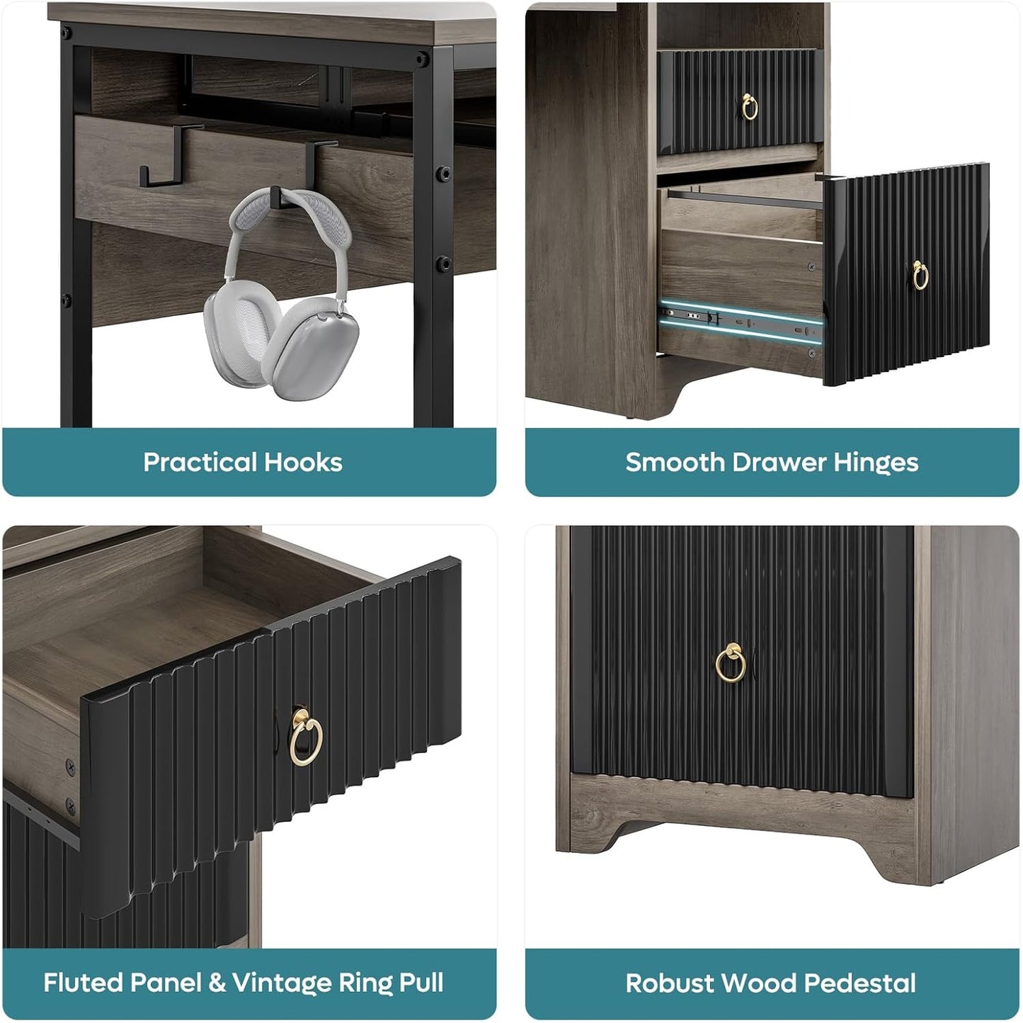 Bestier 55 Inch Computer Desk with Keyboard Tray, Modern Office Desk with Storage, Wood Writing Desk with File Drawer, Fluted Panel & 2 Hooks for Home Office & Studio, Grey