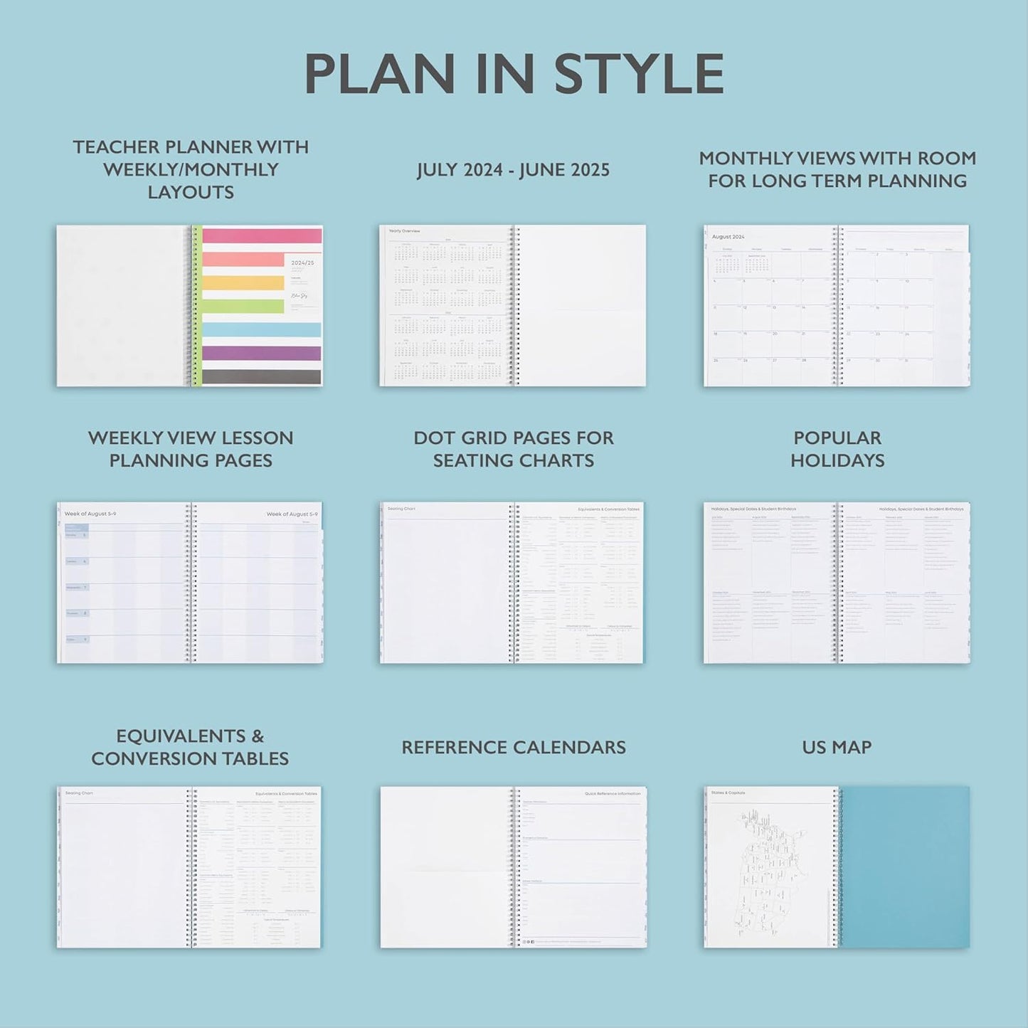 Blue Sky 2024-2025 Academic Year Teacher Weekly and Monthly Lesson Planner, July 2024 – June 2025, 8.5" x 11", Flexible Cover, Wirebound, Dots (100330-A25)