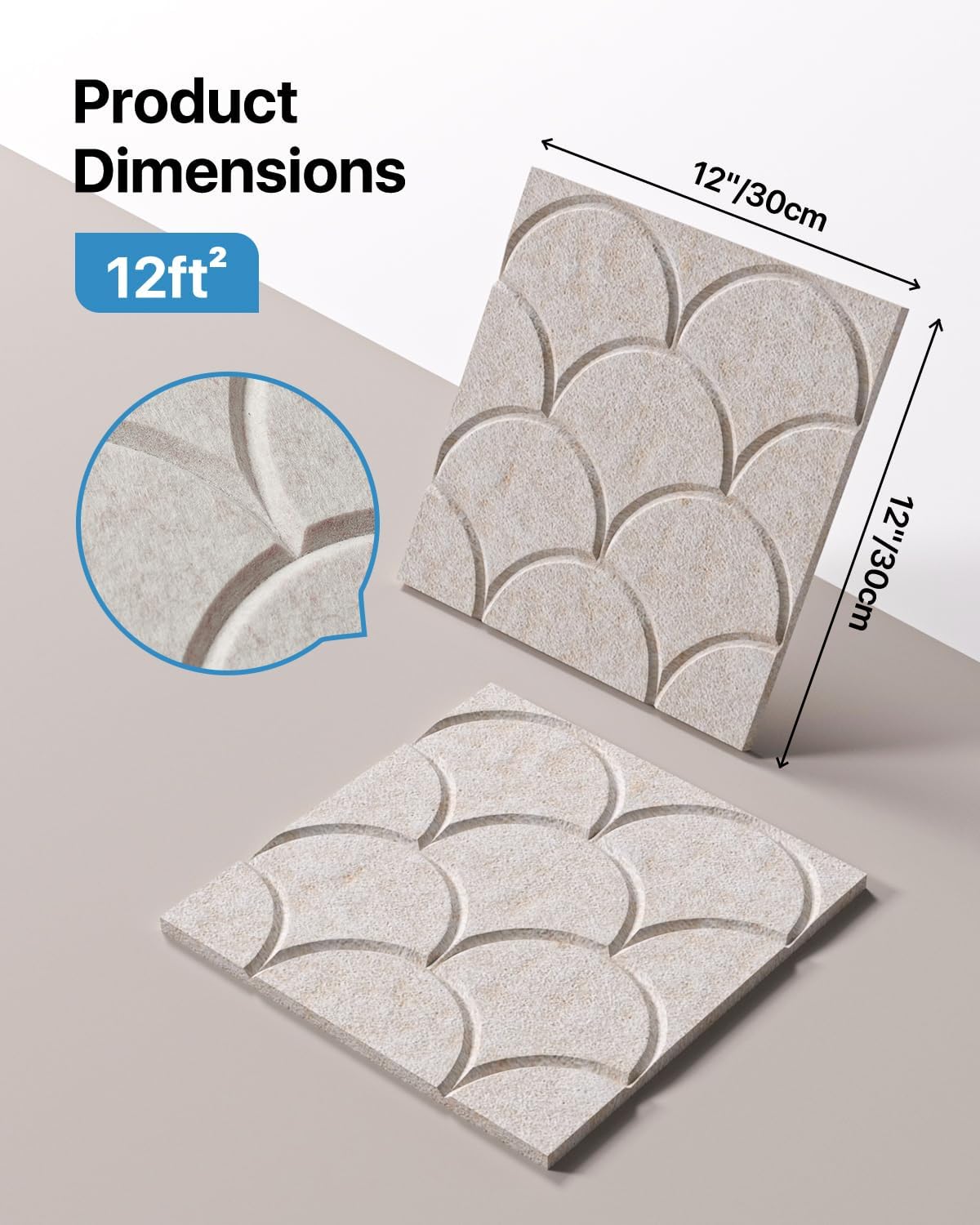 12-Pack Shell Acoustic Wall Panels Self-Adhesive, 10.6lb/ft³ High Density Sound Proof Foam Panels for Walls, 12" X 12" Soundproof Wall Panels for Door, Ceiling, Home Office, Beige