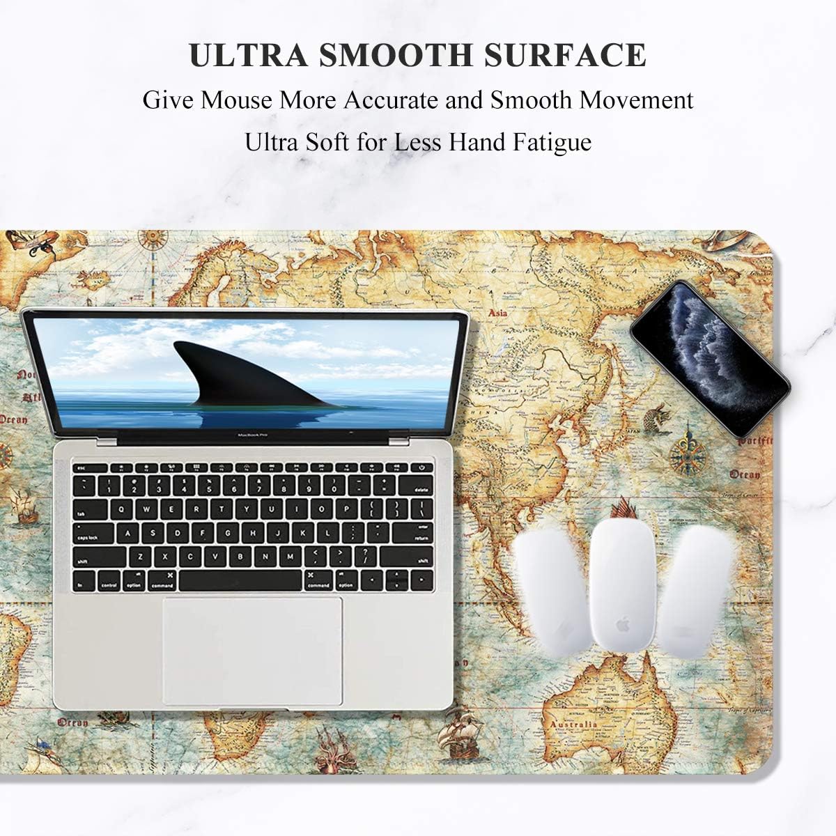 Auhoahsil Large Gaming Mouse Pad, Vintage Map Theme XXL 35.4 x 15.7 in Desk Pad Stitched Non-Slip Rubber Long Computer Mousepad Thin Extended Full Size Desk Mat for Desktop, Laptop, Wireless Mice